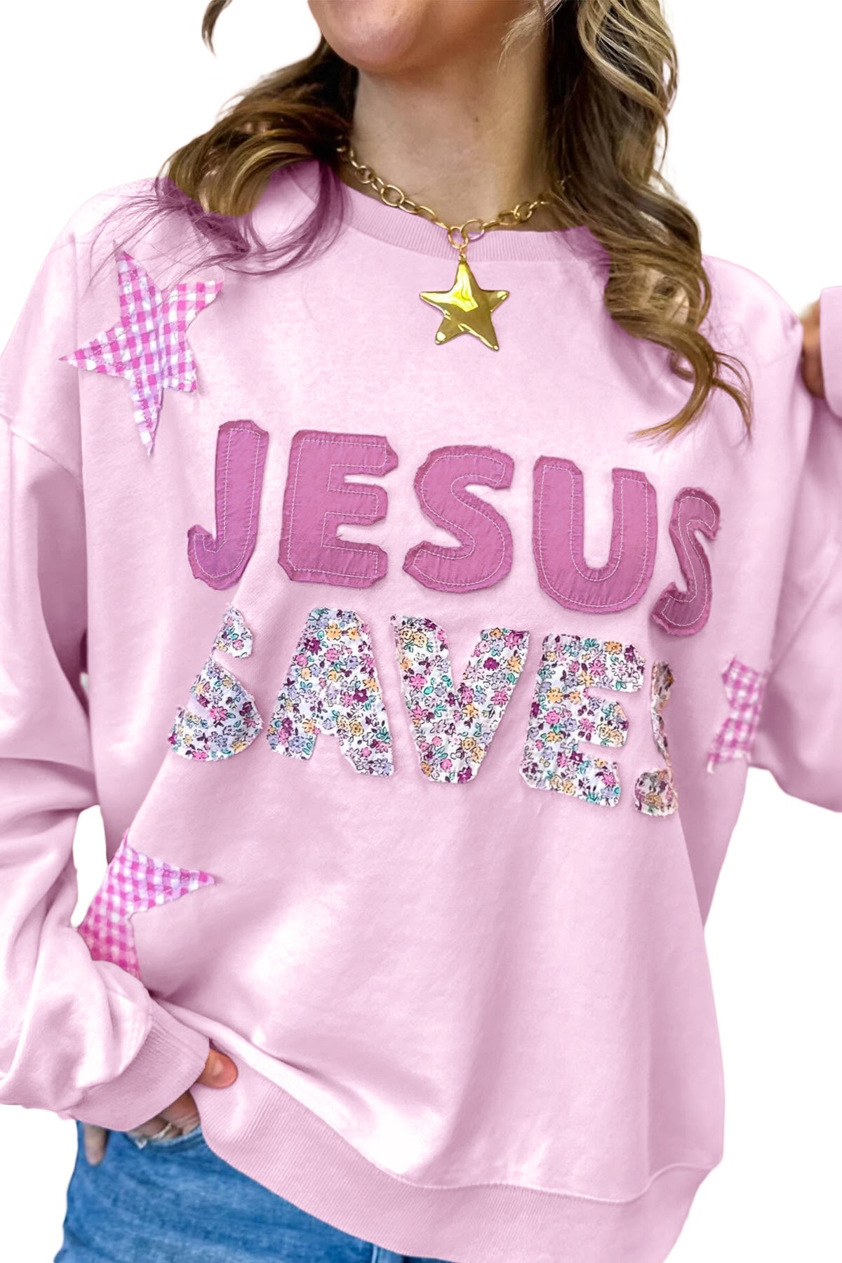 Pink JESUS SAVES Gingham Star Plus Size Sweatshirt