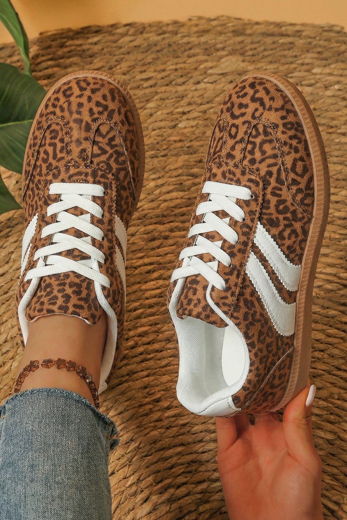 White PU Leather Shimmer Leopard Printed Lace-up Sneakers
