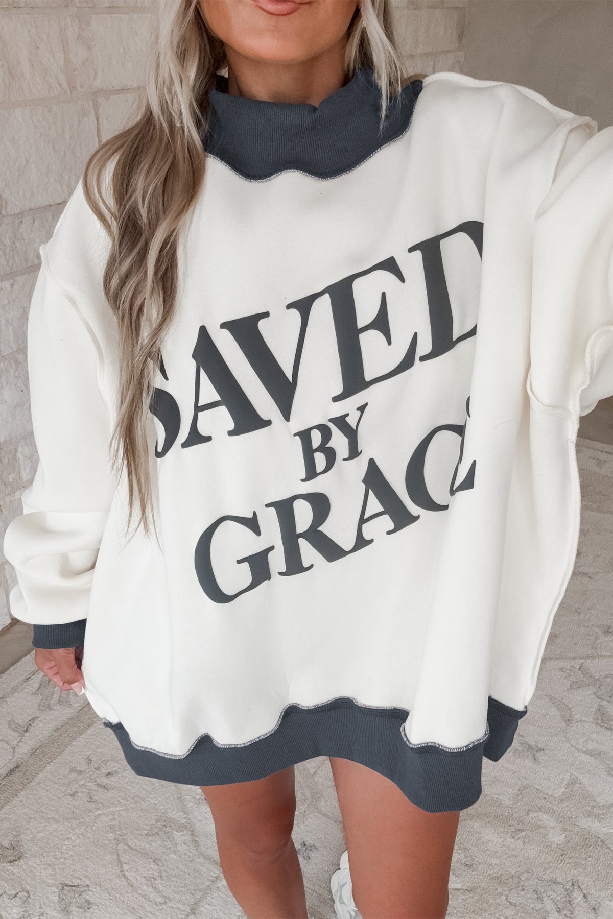 Coffee Saved By Grace Print Mock Neck Oversized Sweatshirt