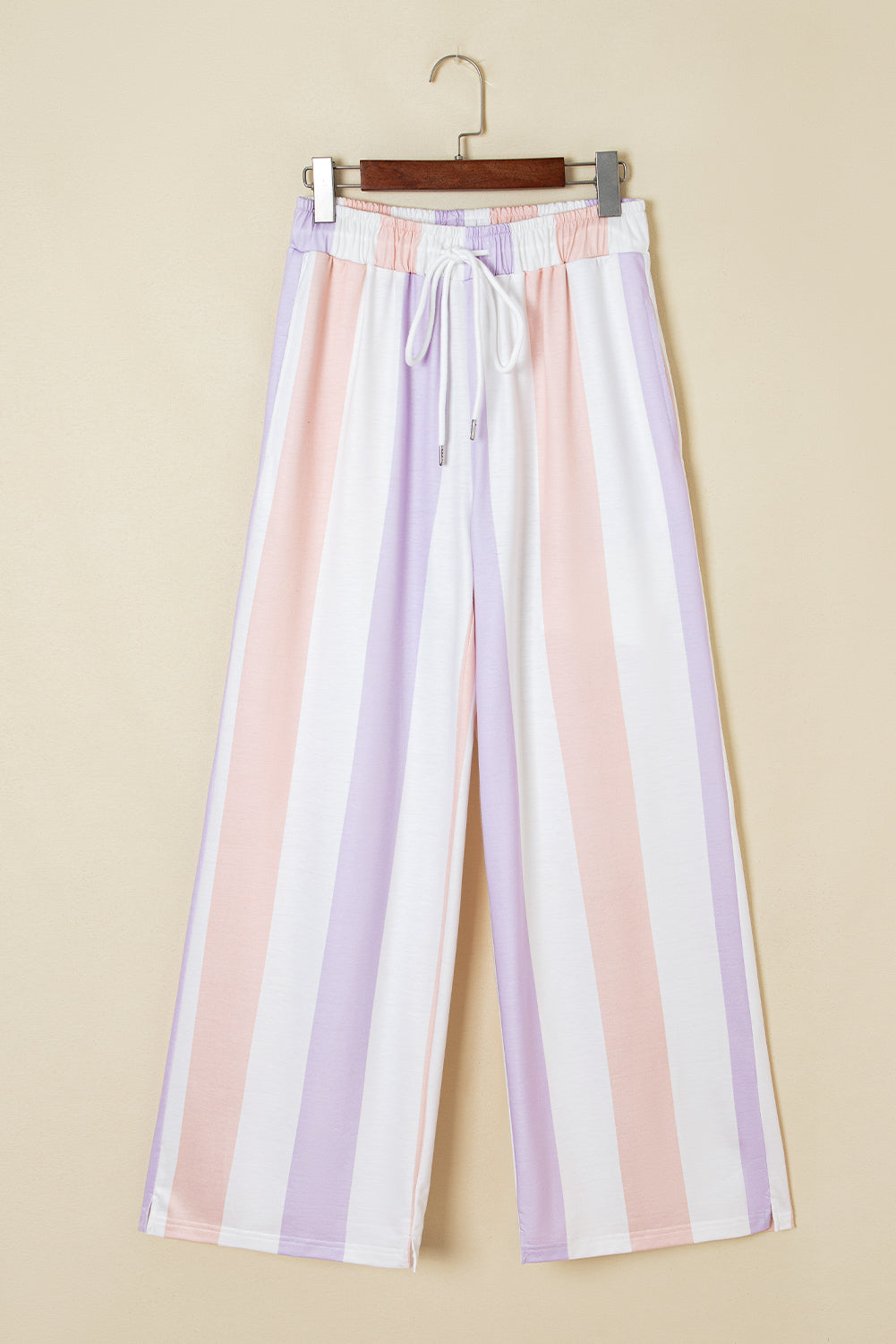 Purple Stripe Multicolored Print Drawstring Pants with Side Pockets