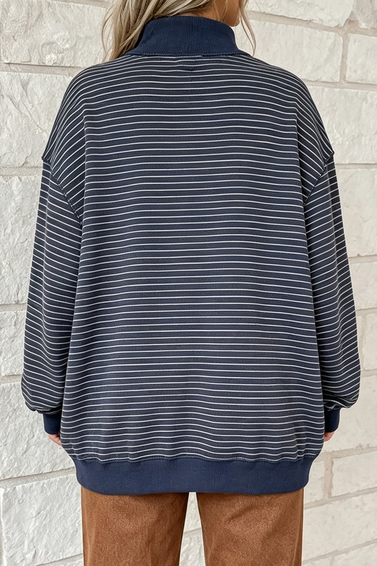 Khaki Stripe Ribbed Mock Neck Oversized Sweatshirt