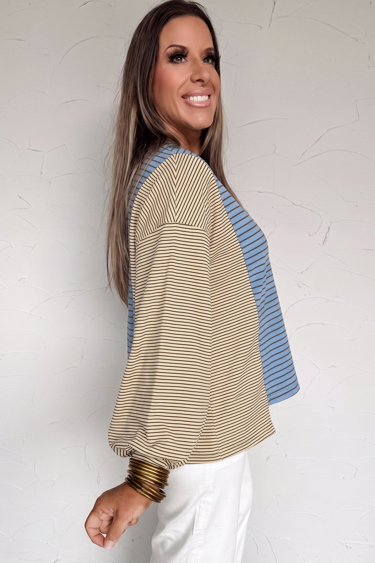 Sky Blue Stripe Color Block Contrast Round Neck Shift