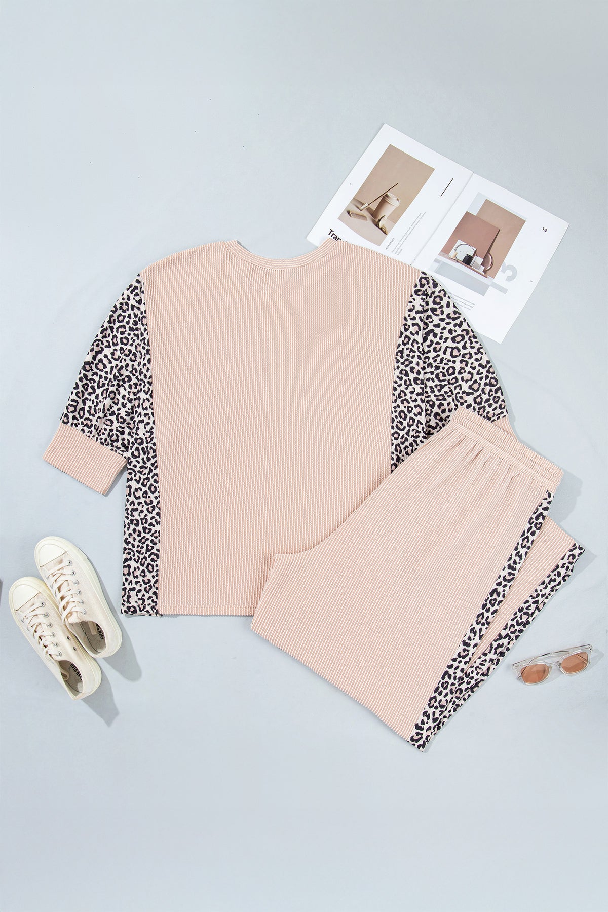 Light French Beige Leopard Print Ribbed Twist Long-Sleeve Top Pants Plus Size Set