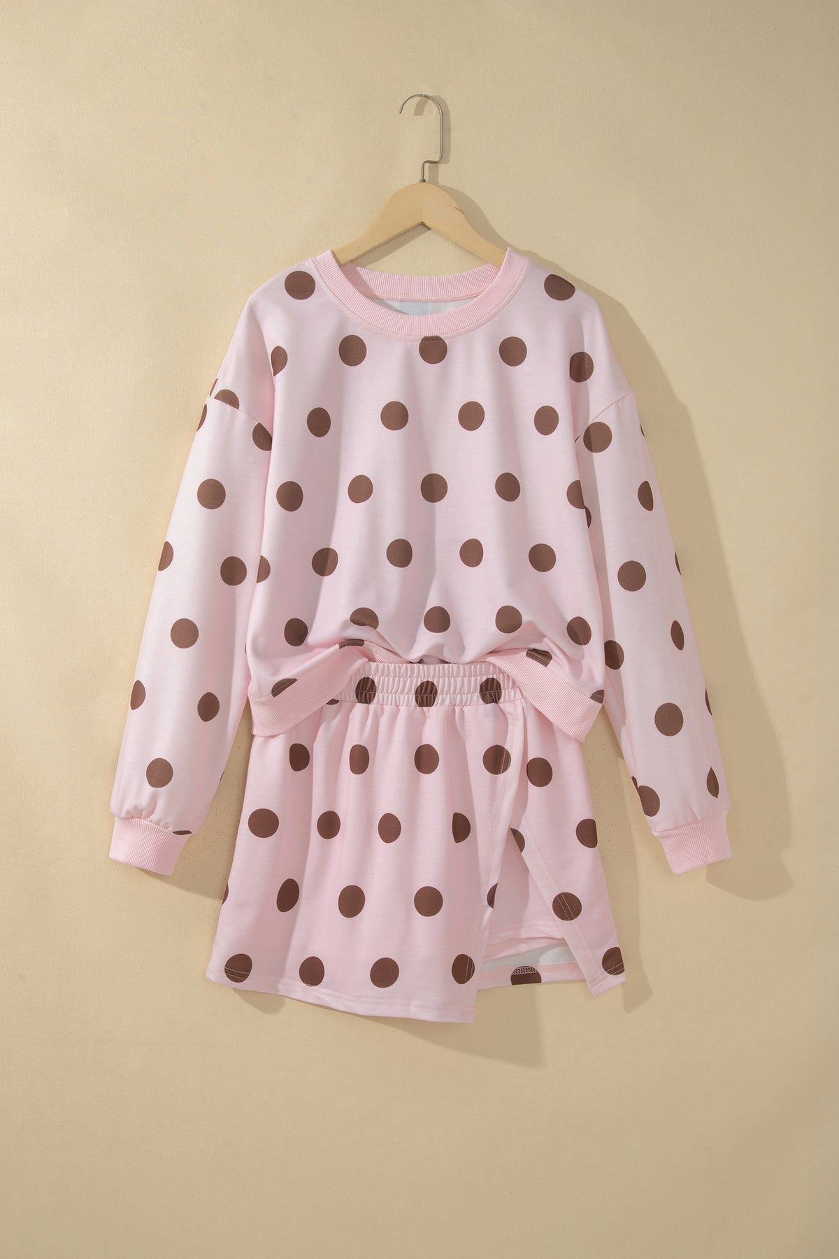 Women's Pink Polka Dot Long-Sleeve Top Split Skort Casual Two-Piece Set