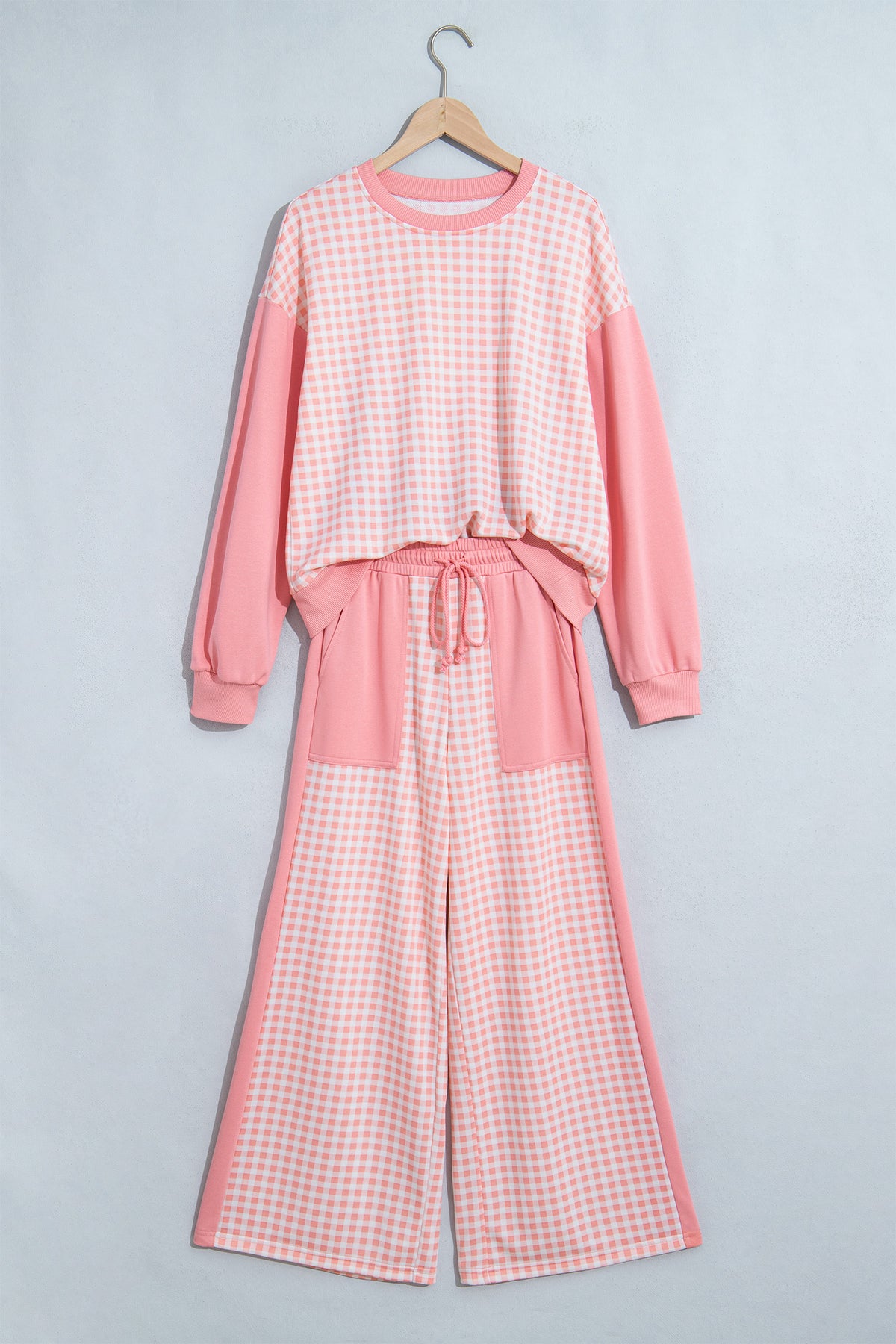 Women's Red Color Block Plaid Patchwork Long-Sleeve Pullover Wide-Leg Pants Set