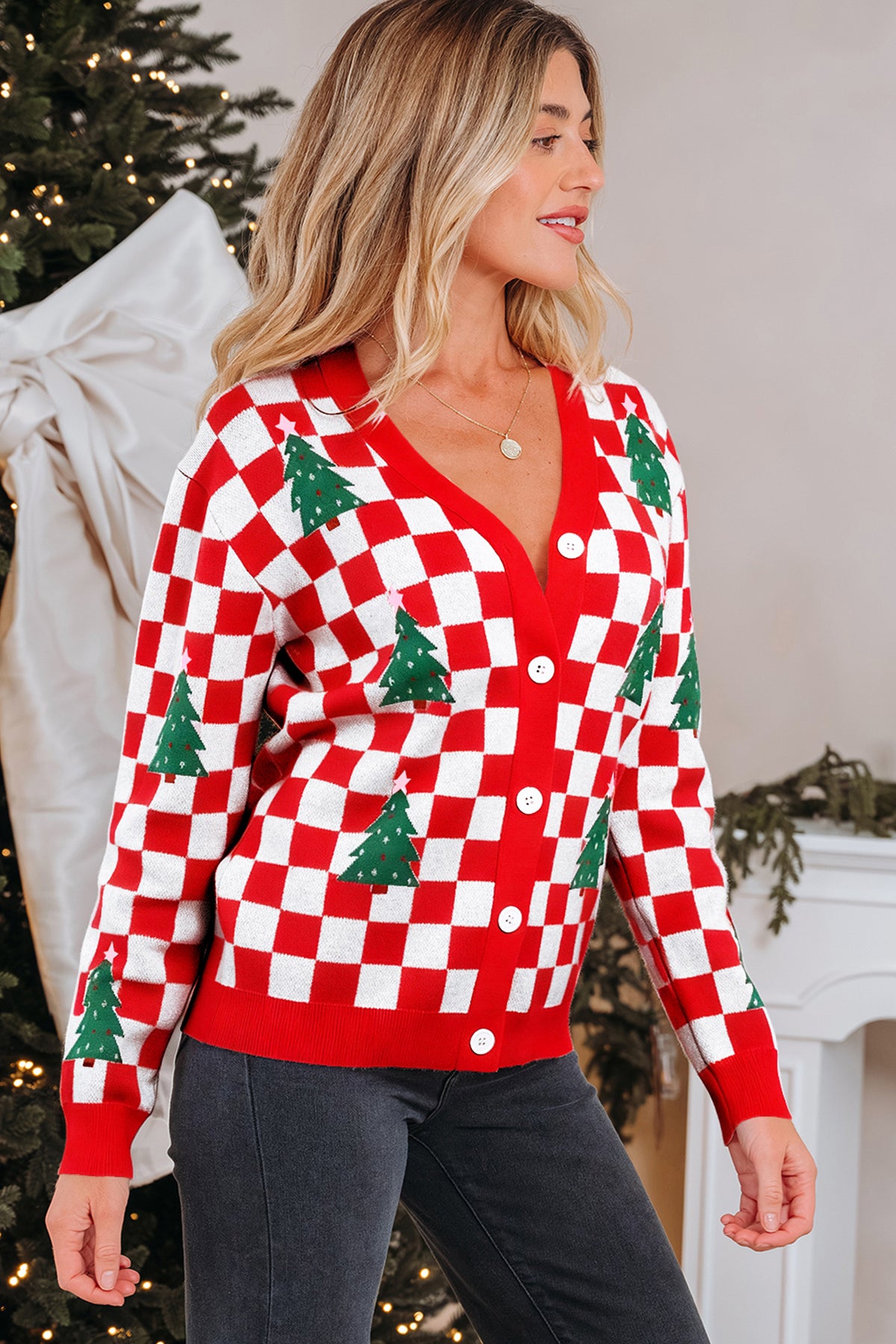Pink Checkered Christmas Tree Pattern Button V Neck Cardigan Sweater
