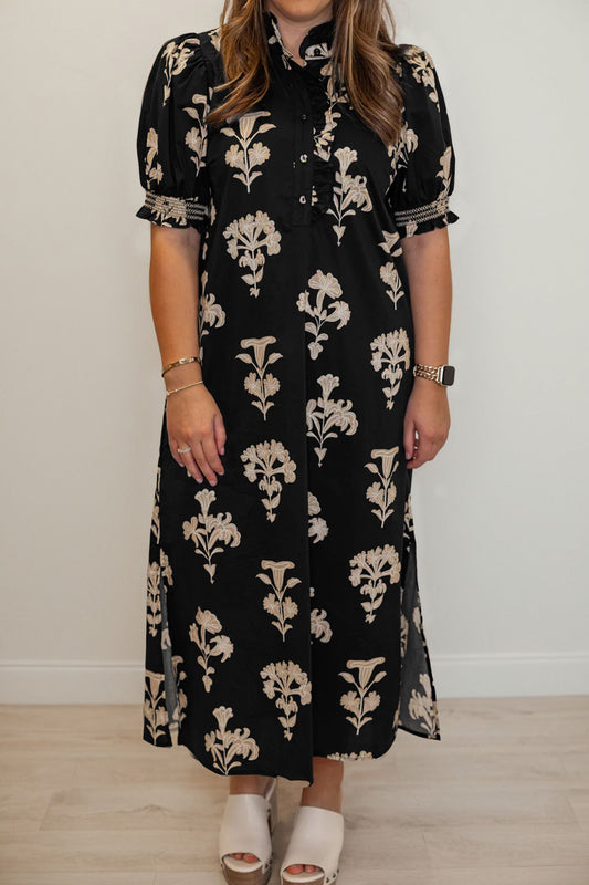 Black Floral Print Frilled Collar Short Puff Sleeve Maxi Dress