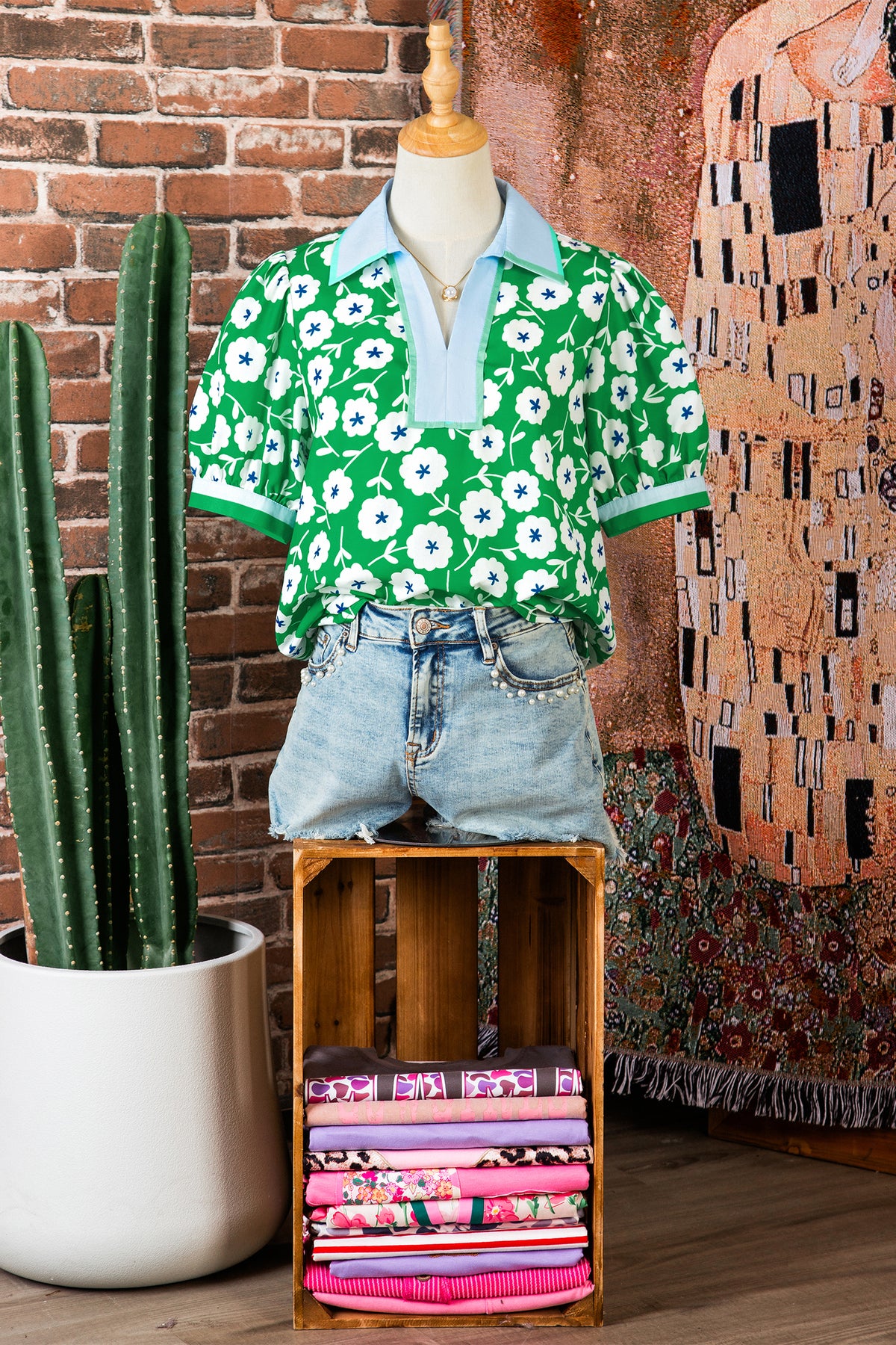 Green Flower Contrast Patchwork Collar Short Sleeve Blouse