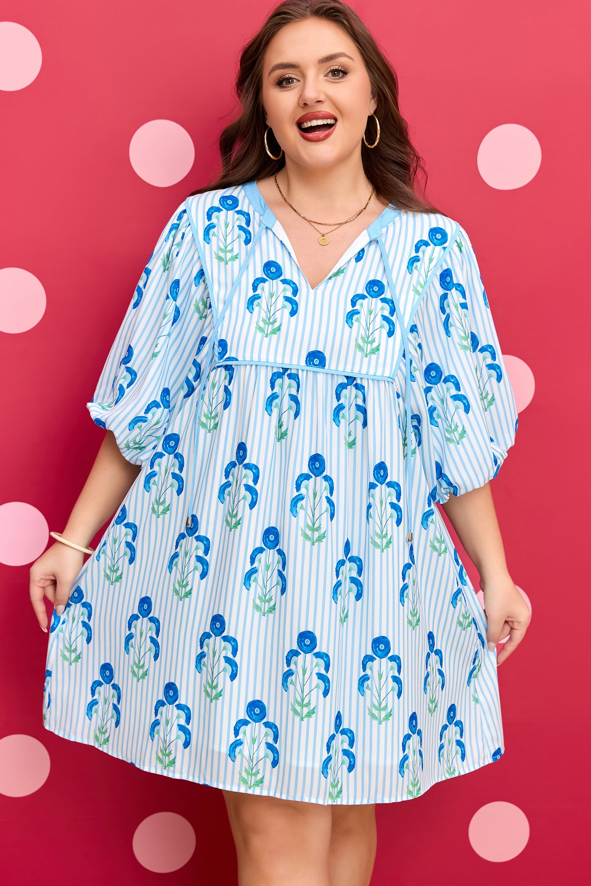 Sky Blue Floral Striped Bubble Short-Sleeve Plus Size Dress