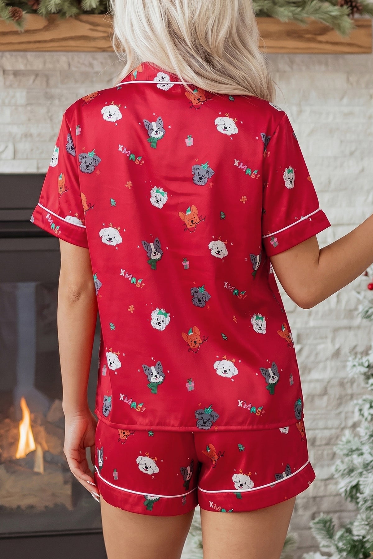 Racing Red Festive Dog Print Short Sleeve Lounge Set