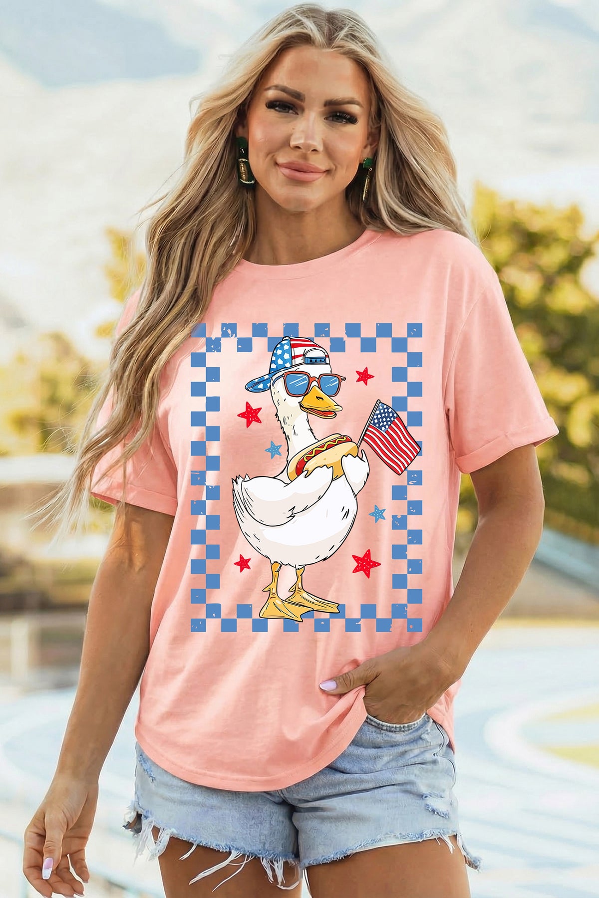 Pink America Goose 4th Of July Patriotic Flag Graphic T-Shirt