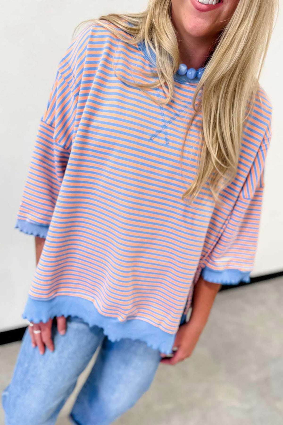 Sky Blue Stripe Colorblock Scalloped Trim 3/4 Sleeve Top