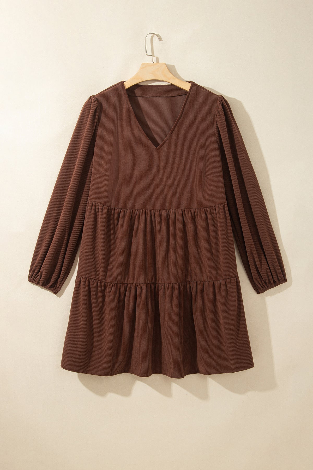 Coffee Winter Corduroy V-Neck Long-Sleeve Plus Size Mini Dress