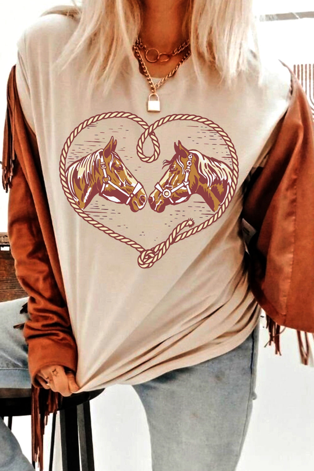 Khaki Rodeo Horse Graphic Western Cowgirl Fashion T-Shirt