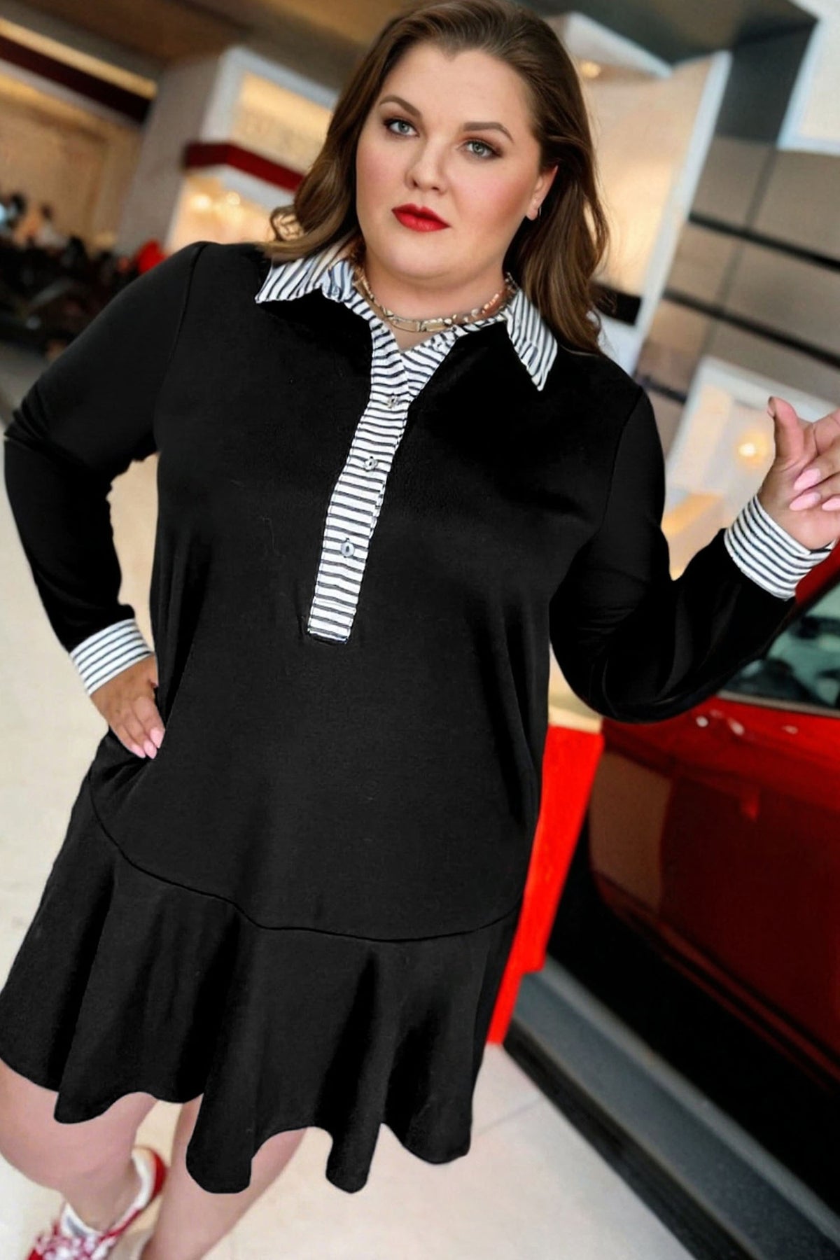 Black Plus Size Striped Cuffs Polo Collar Patchwork Long-Sleeve Ruffle Hem Dress