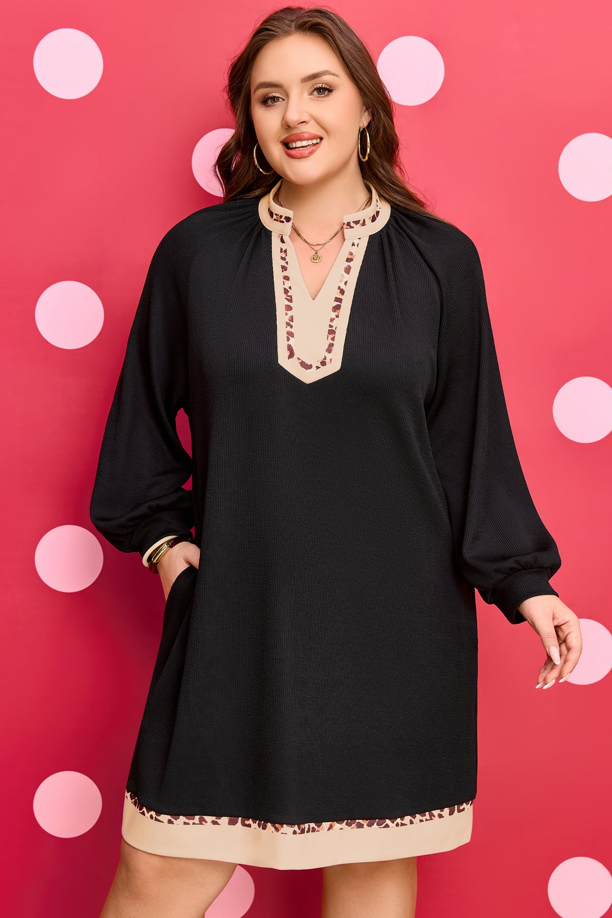 Black Contrast Color-Block Leopard Trim Plus Size Ribbed Dress
