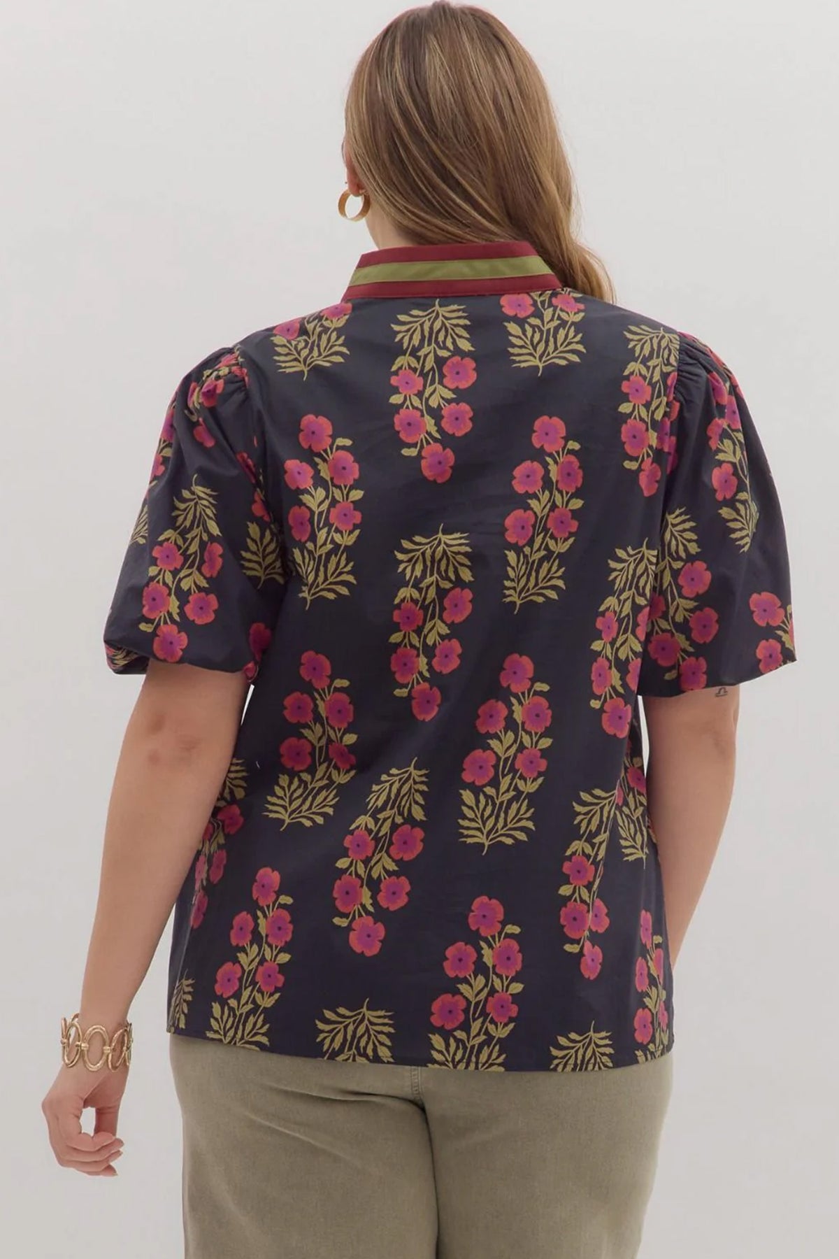 White Plus Size Floral Print Ricrac Striped Trim Short-Sleeve Cotton Blouse