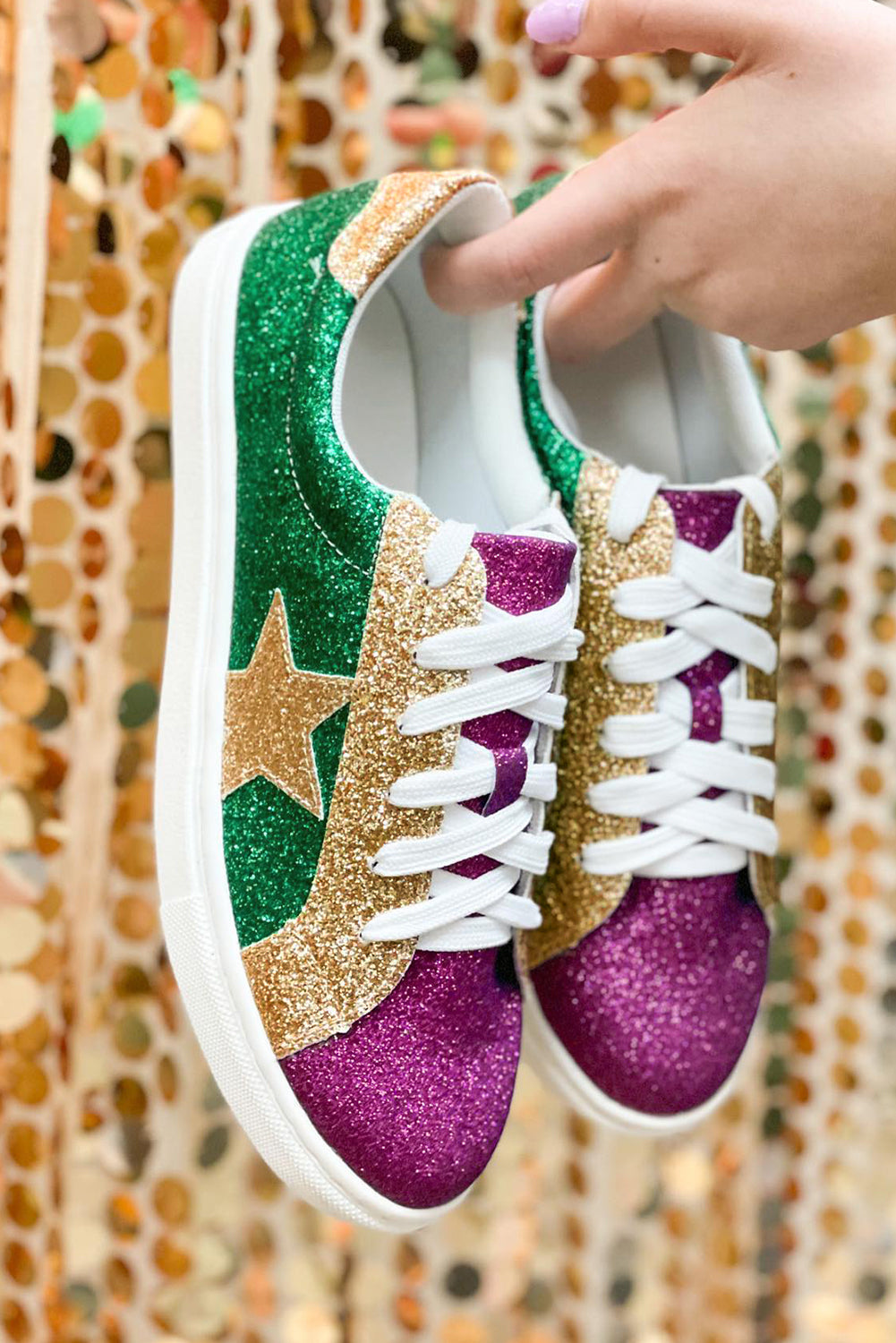 Deep Green Mardi Gras Triple Color Sequin Lace-Up Sneakers