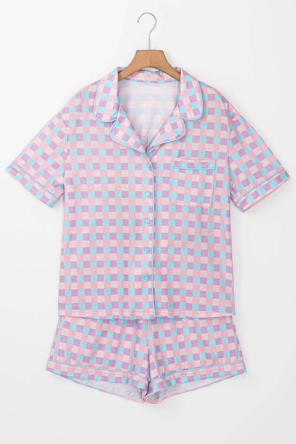 Purple Checkered Pattern Short Sleeve Pajama Set