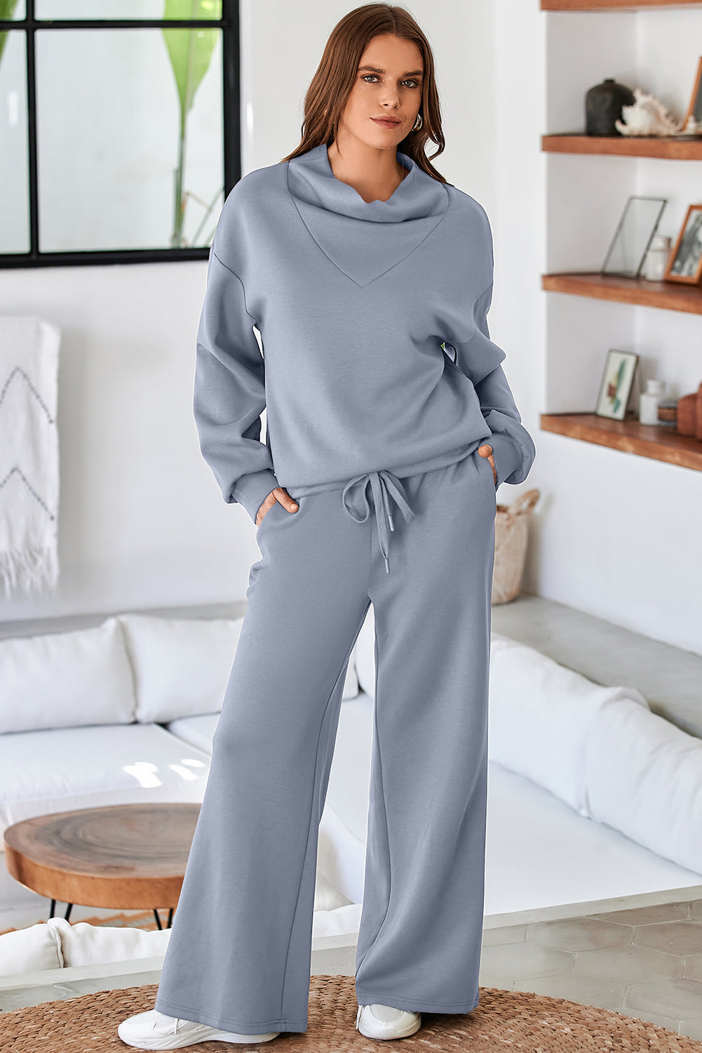 Women's Dusk Blue Cowl Neck Drawstring Pullover Wide-Leg Athleisure Pants Set