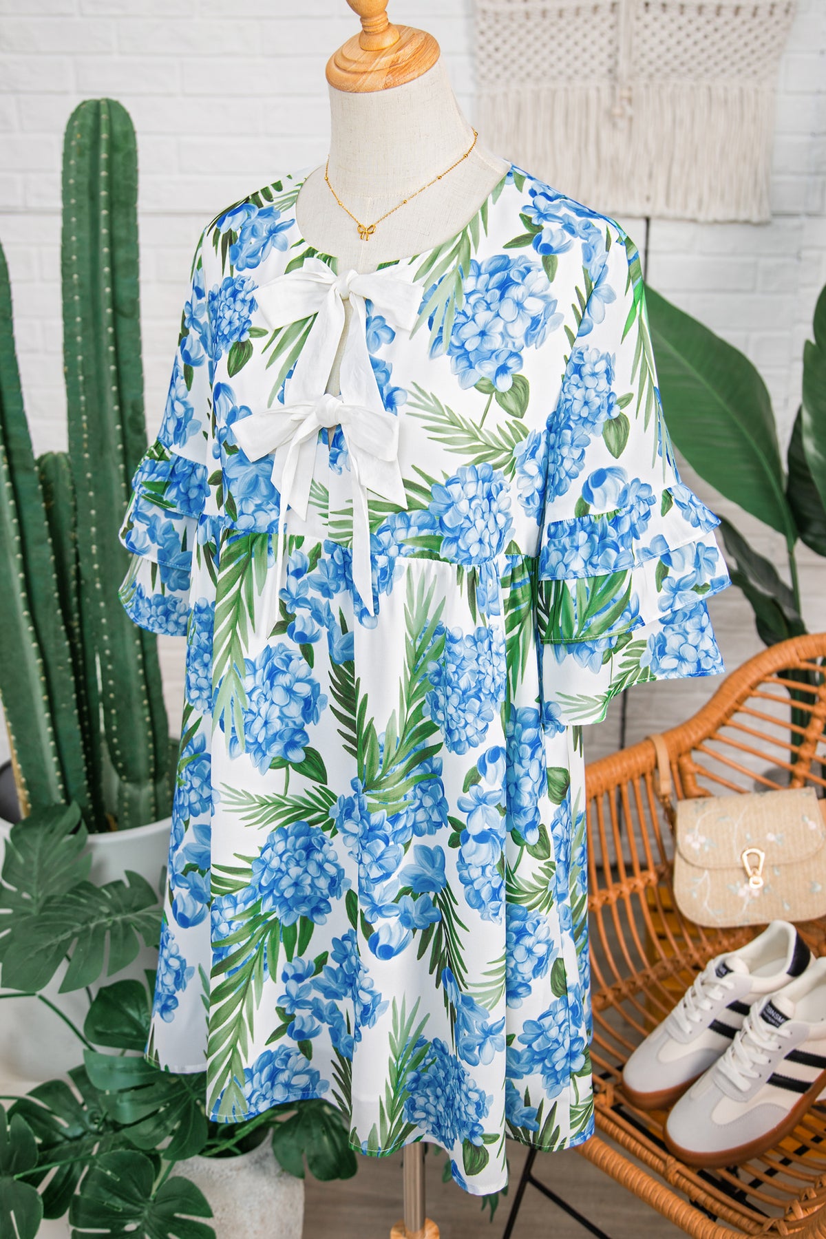 Blue Floral Ruffle Bow Mini Dress