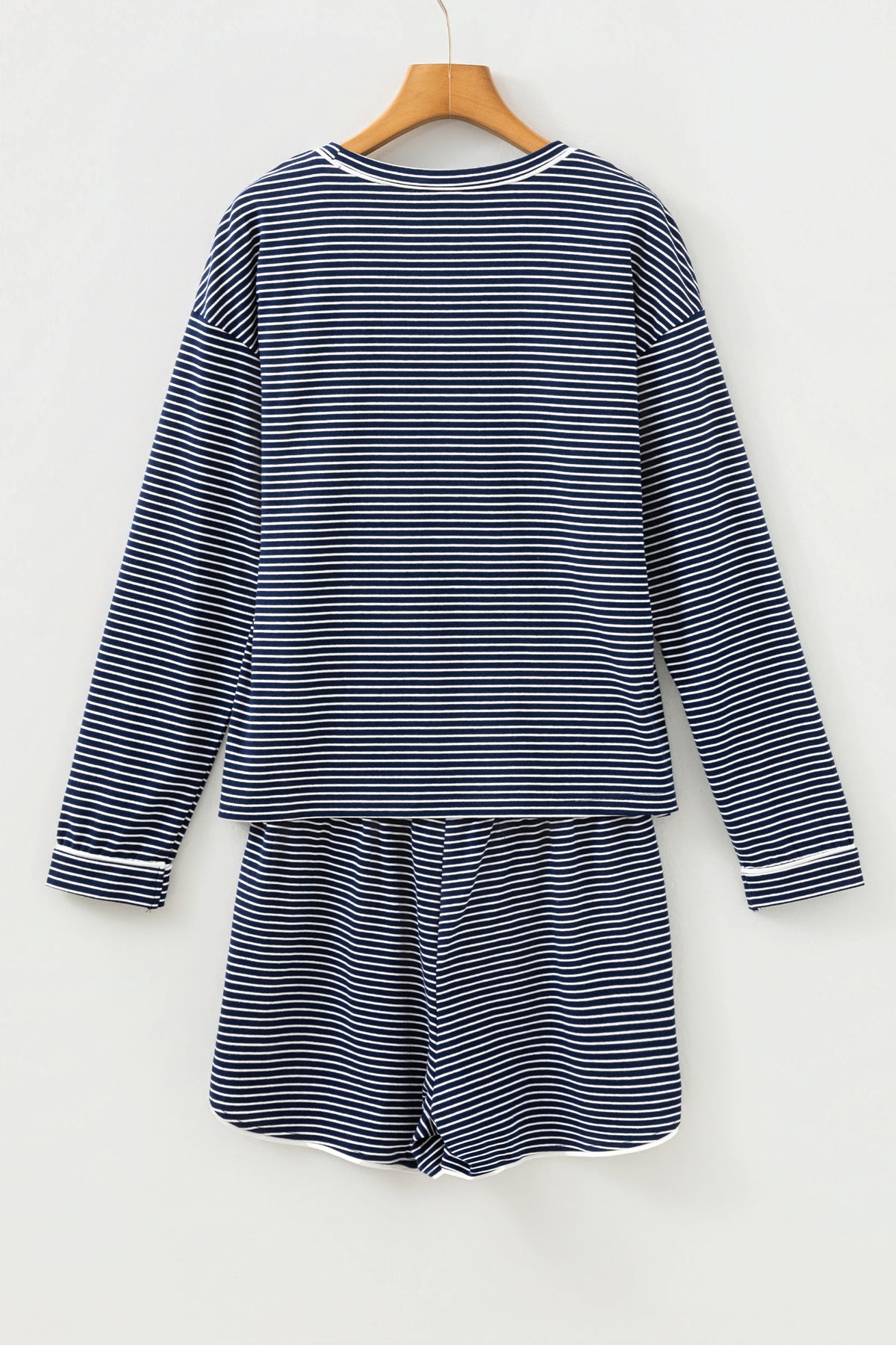 Blue Stripe Long Sleeve Tee and Buttoned Shorts Lounge Set