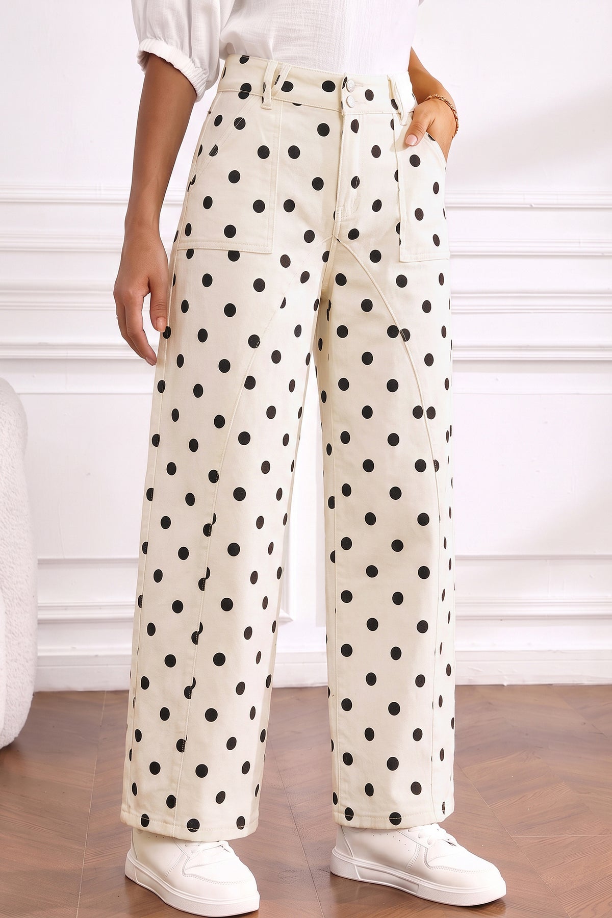 White Polka Dot Curved Ankle Denim Pants