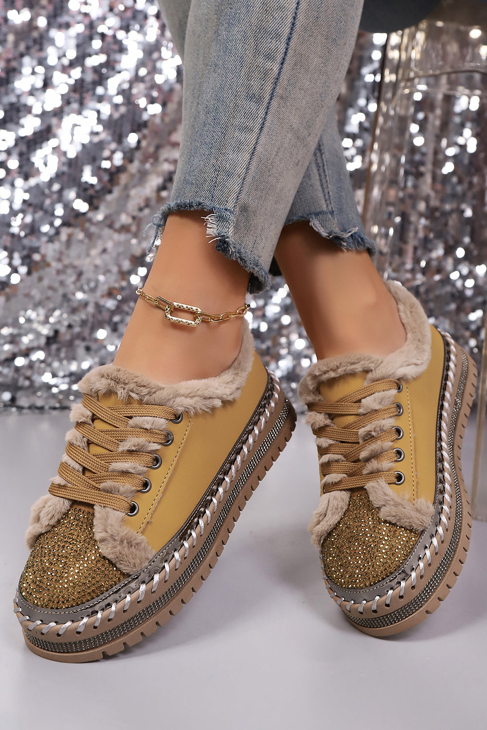Thai Curry Rhinestone Faux-Fur Lined Lace-Up Shoes