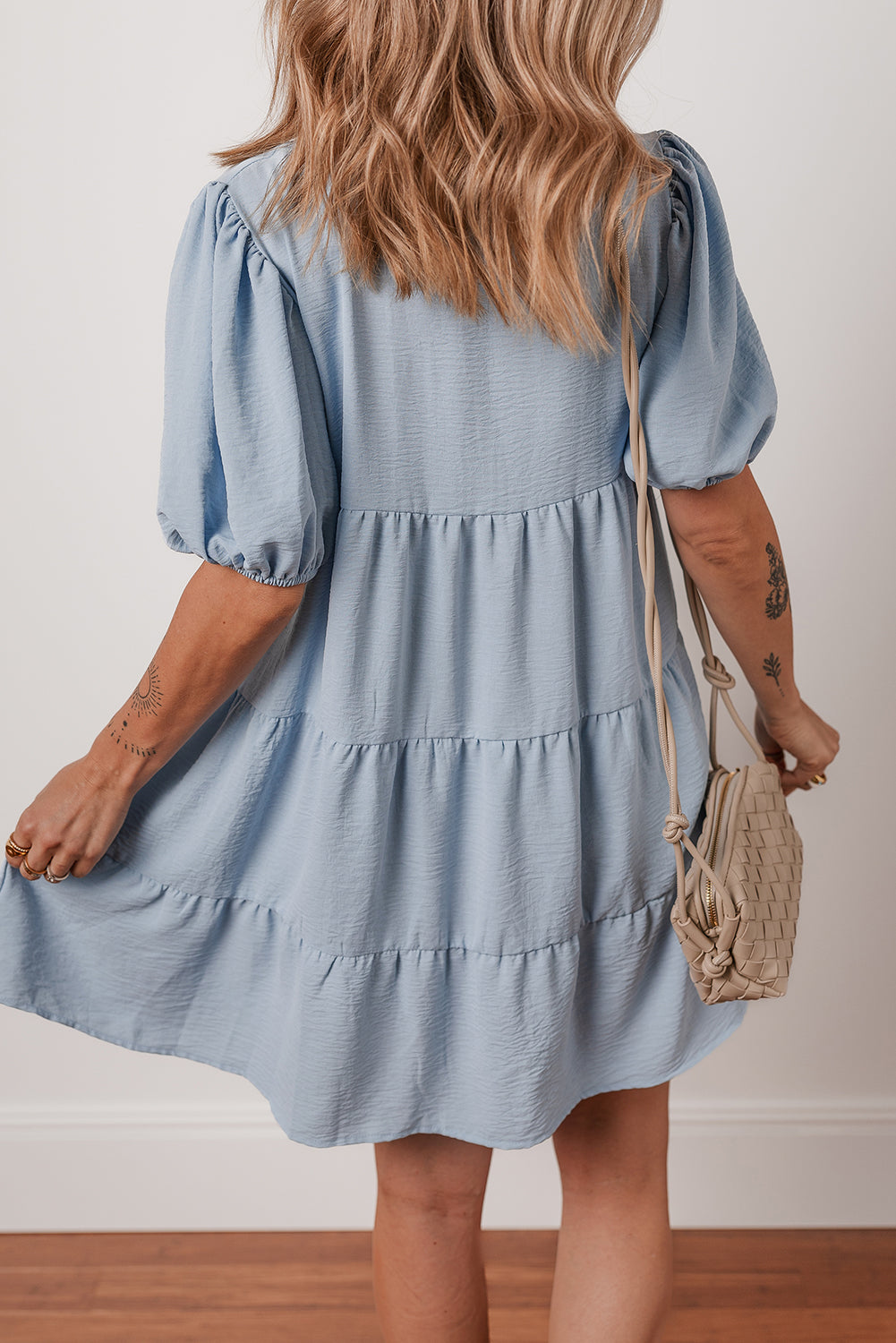 Beau Blue Shirt Collar Button Up Short Puff Sleeve Tiered Shift Dress