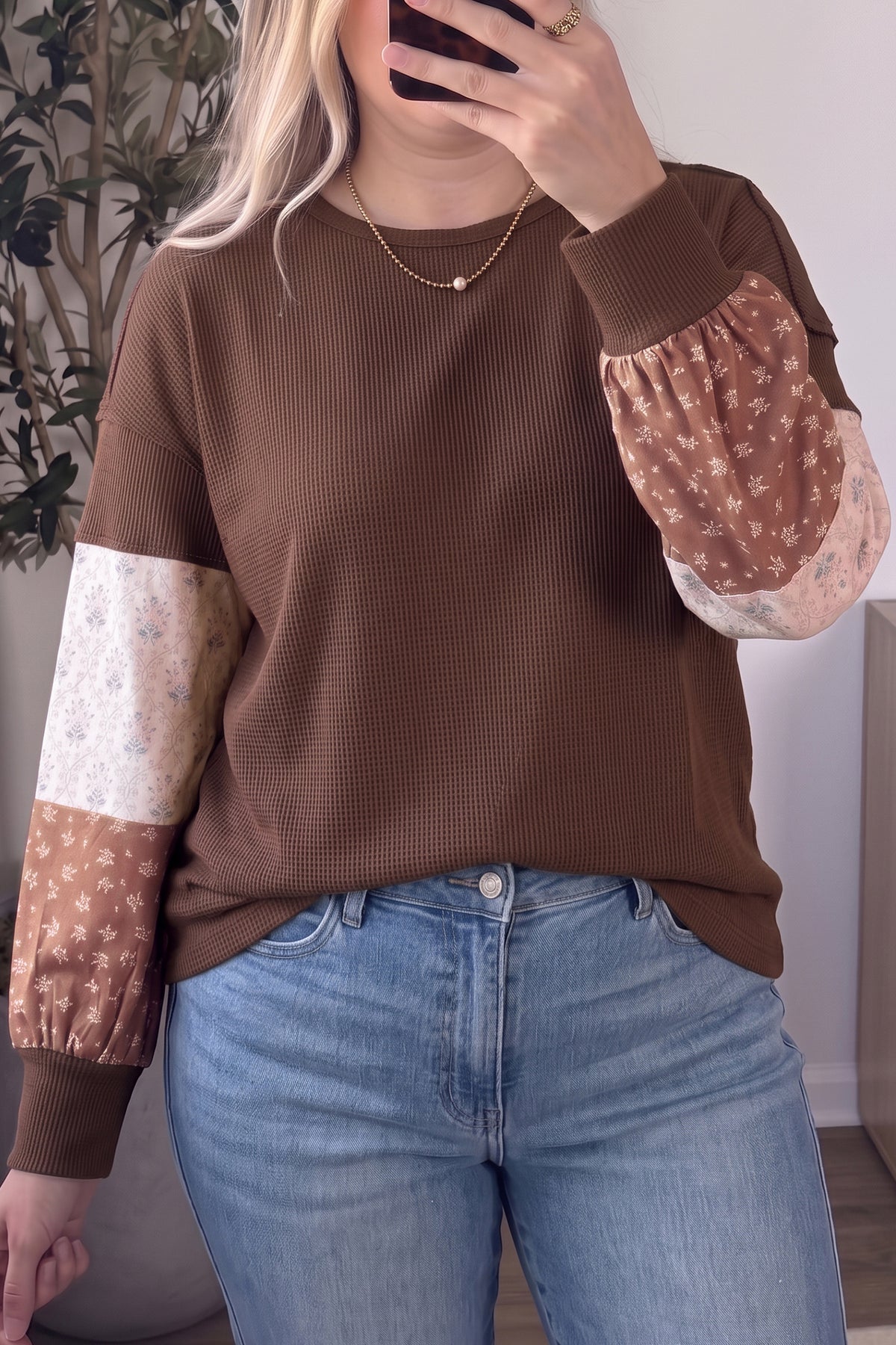Coffee Plus Size Waffle Knit Floral Patchwork Top