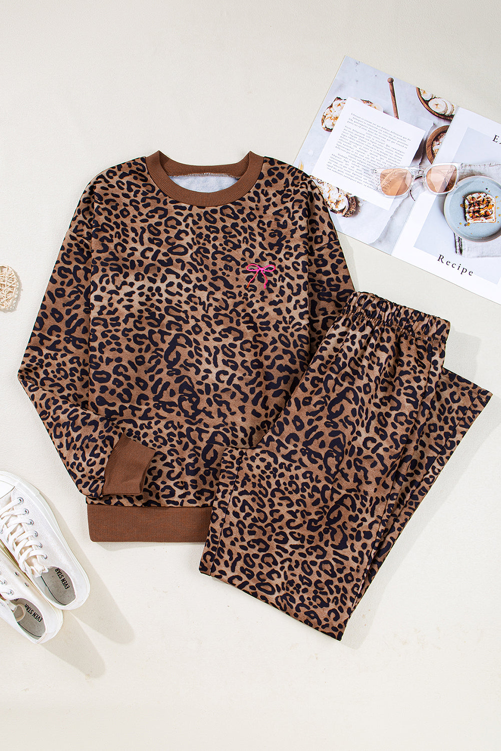 Women's Coffee Leopard Print Contrast Trim Long-Sleeve Top & Pants Set
