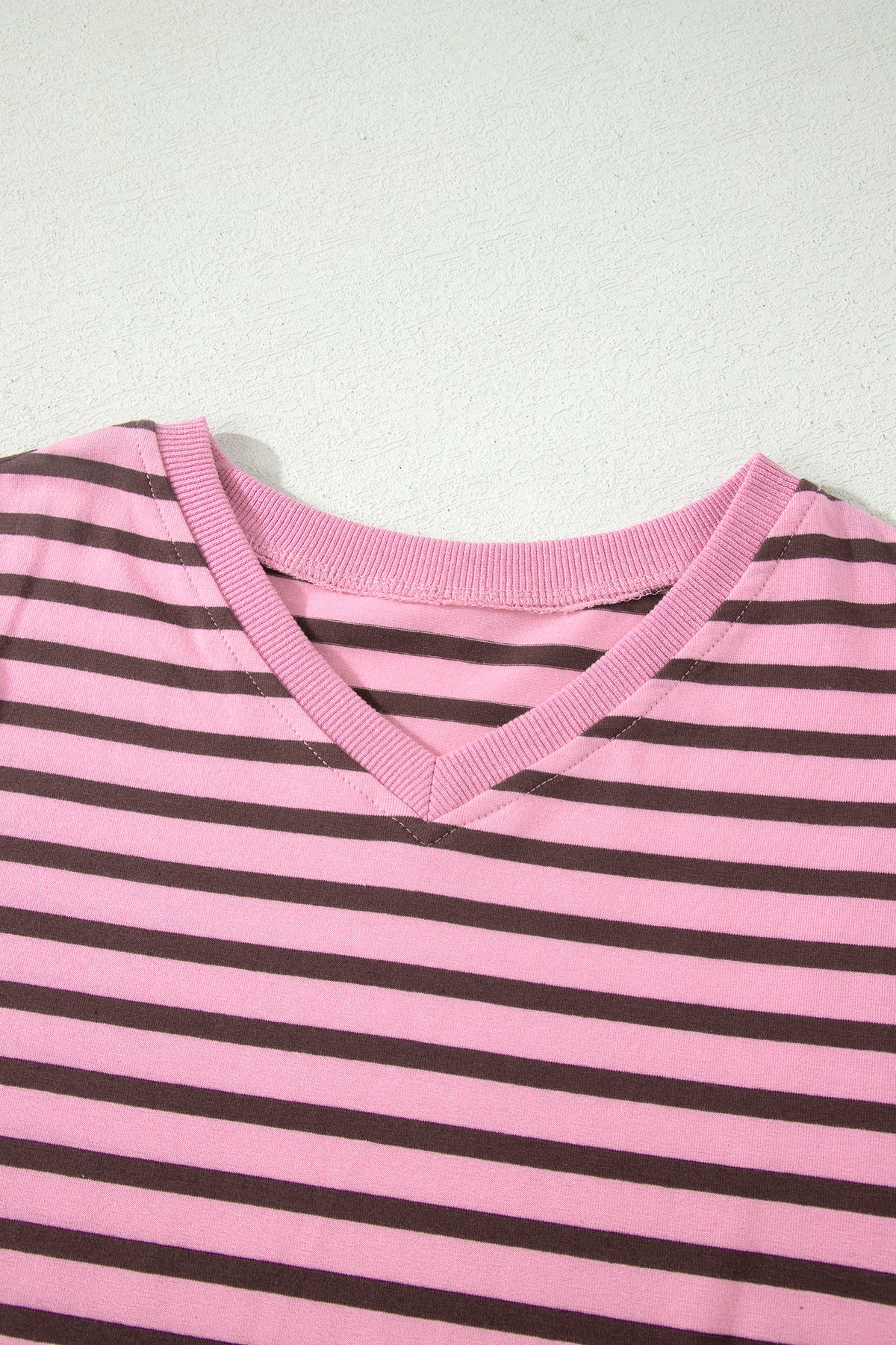 Rose Stripe Striped V-Neck Ribbed Collar Cuff Gathering Puff Sleeve Top