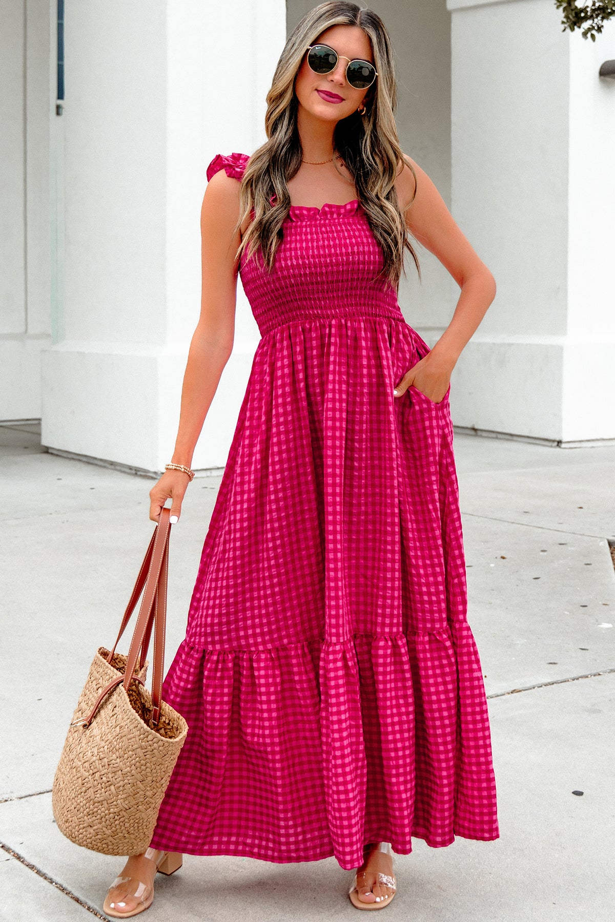Red Plaid Square-Neck Maxi Dress