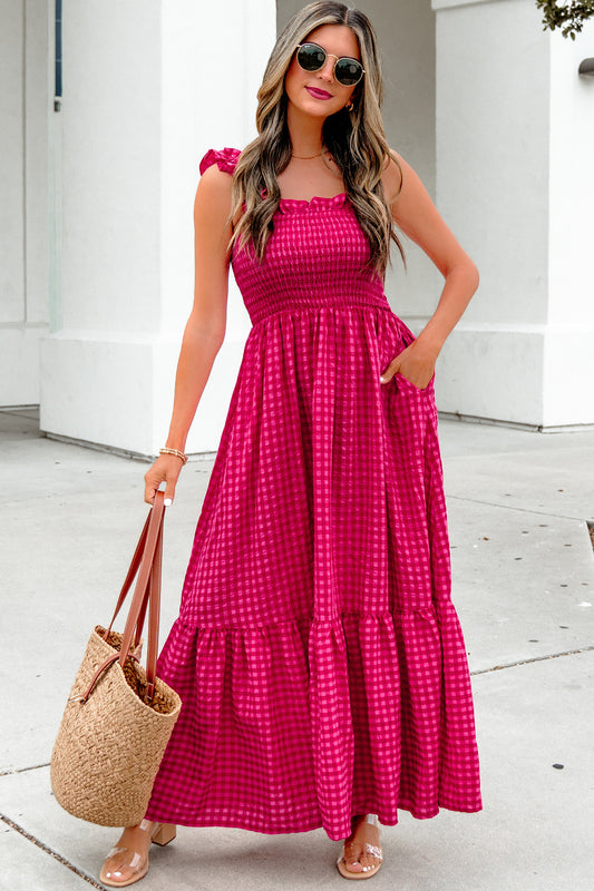 Red Plaid Square-Neck Maxi Dress