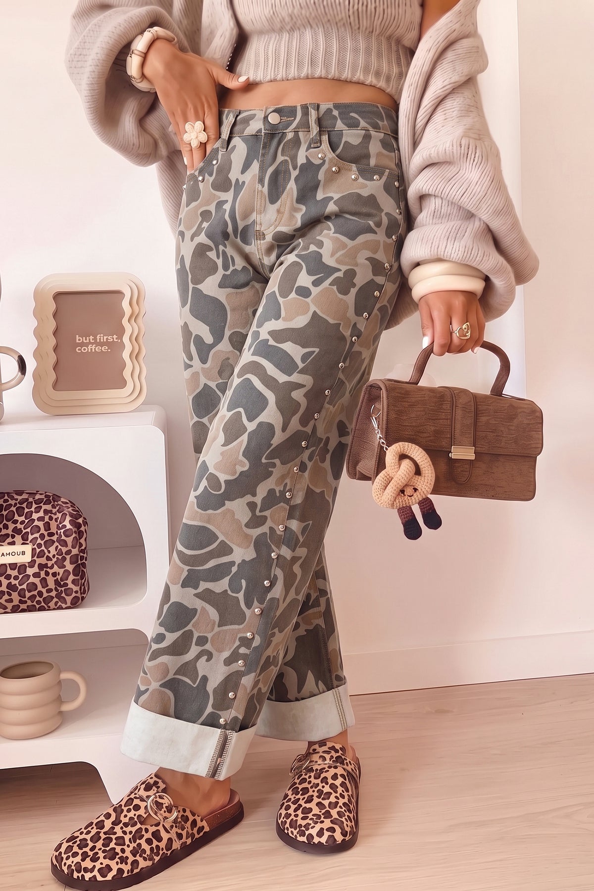 Multicolor Camo Studded Straight Leg Jeans