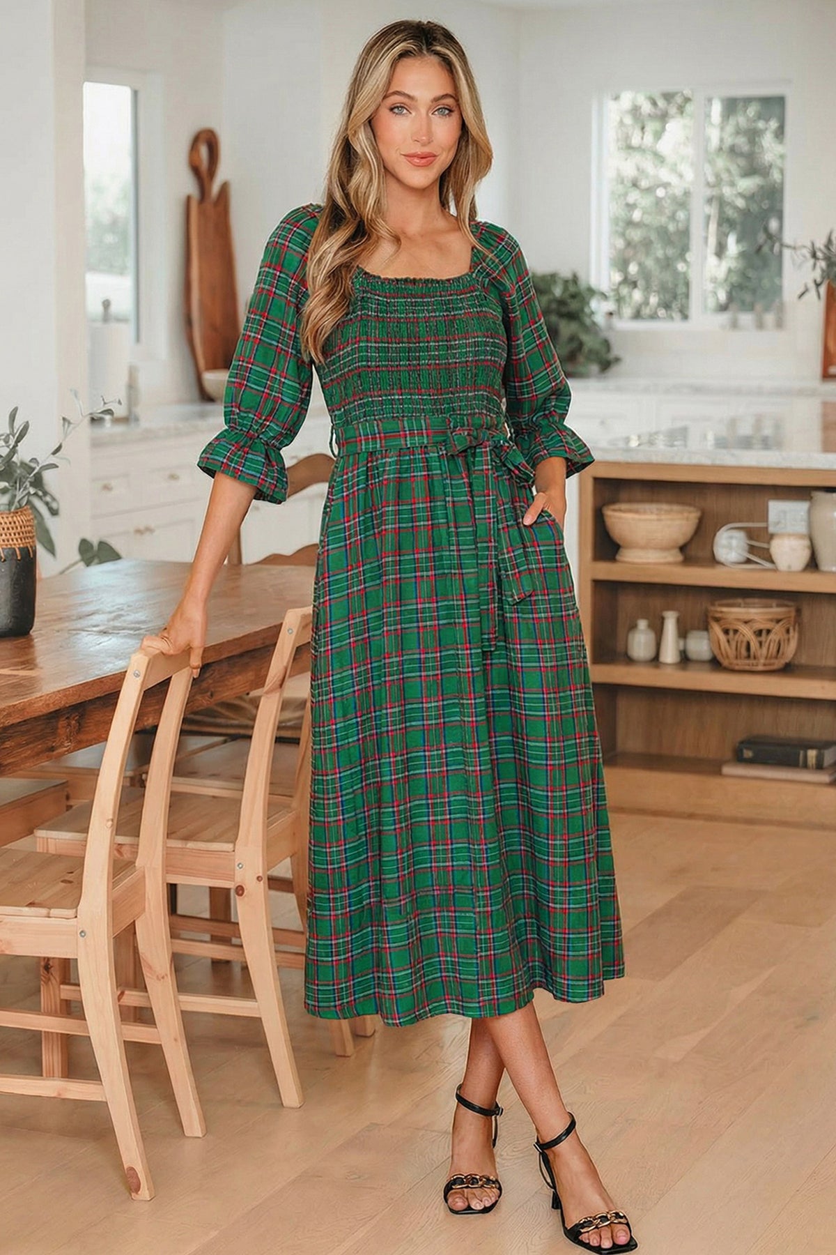 Green Tartan Plaid Square Neck Puff Sleeve Waist Flared Midi Dress