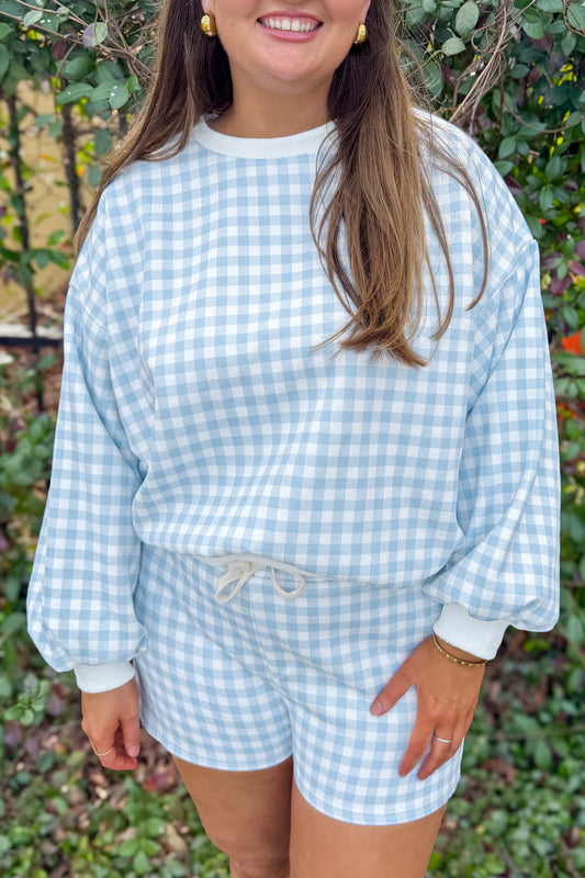 Sky Blue Gingham Pullover Top Drawstring Shorts Plus Size Set