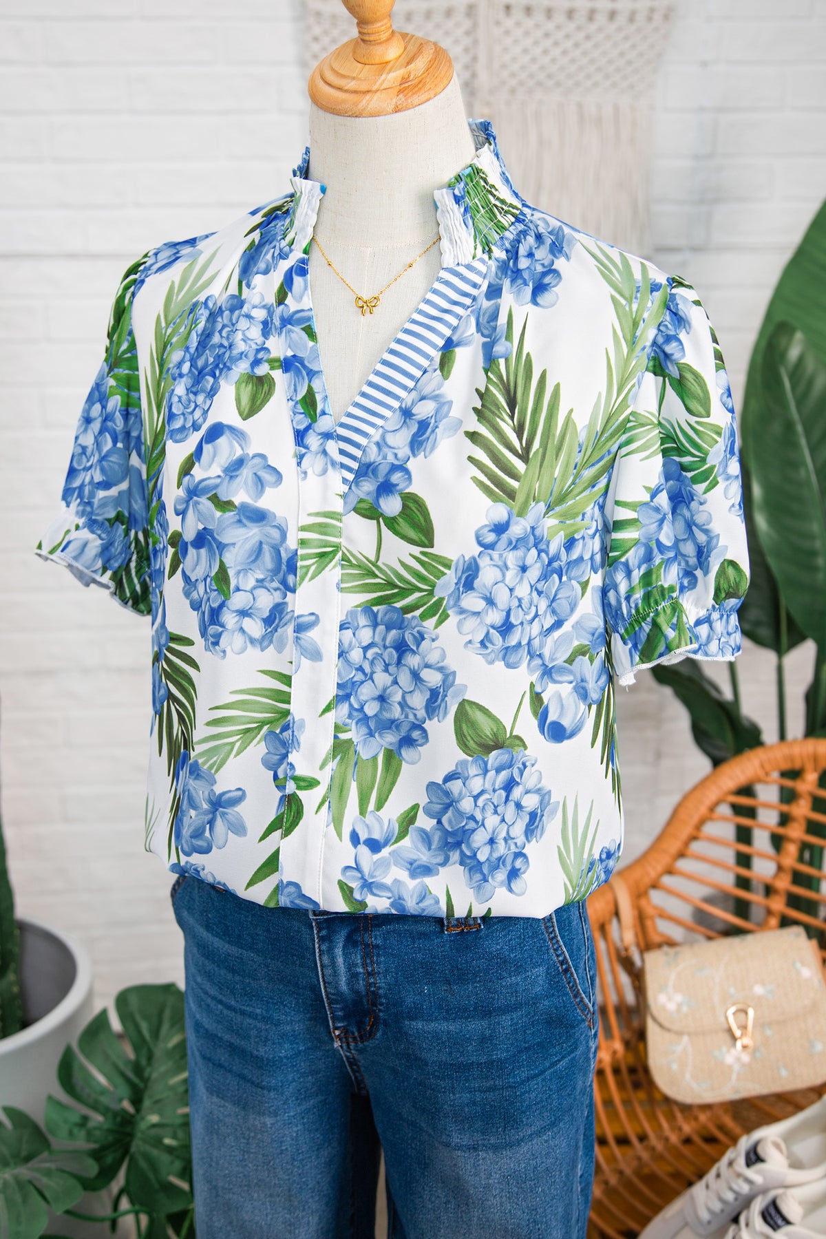 Sky Blue Palm Floral Striped Patchwork V Neck Short Sleeve Blouse