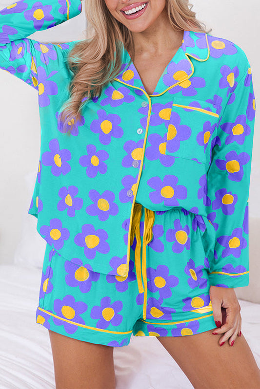 Green Flower Print Long Sleeve Shirt Shorts Pajama Set