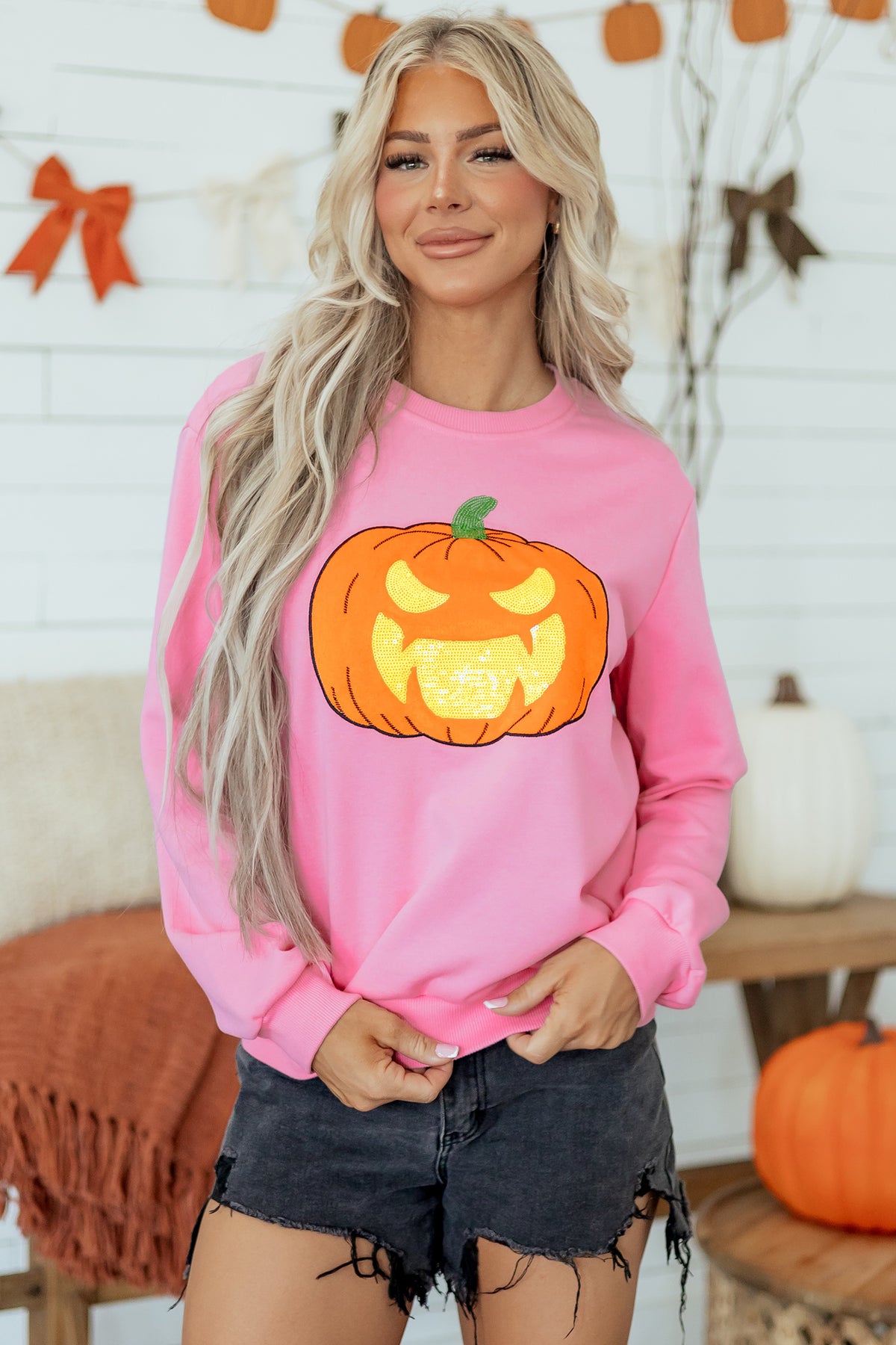 Pink Embroidered Pumpkin Face Round Neck Sweatshirt