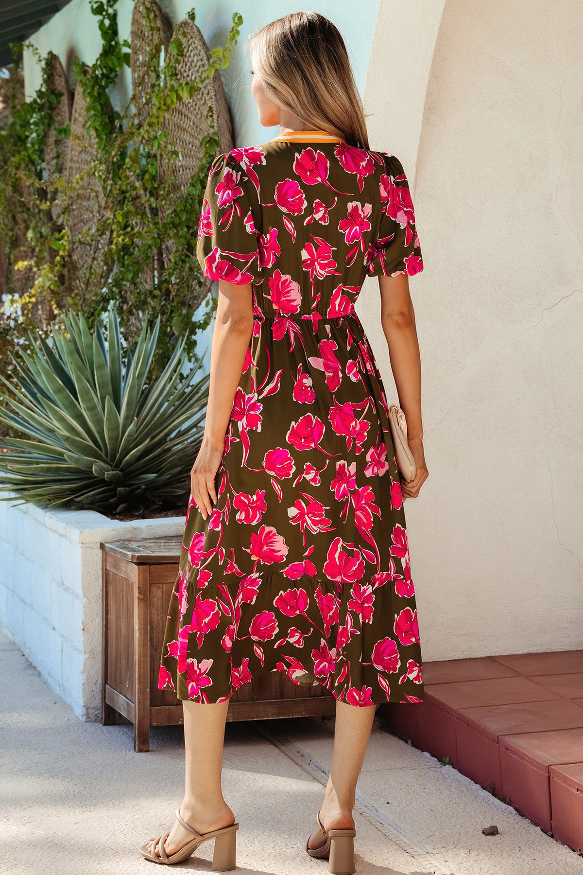Green Floral Striped Split Neck Short Puff Sleeve Ruffle Hem Maxi Dress