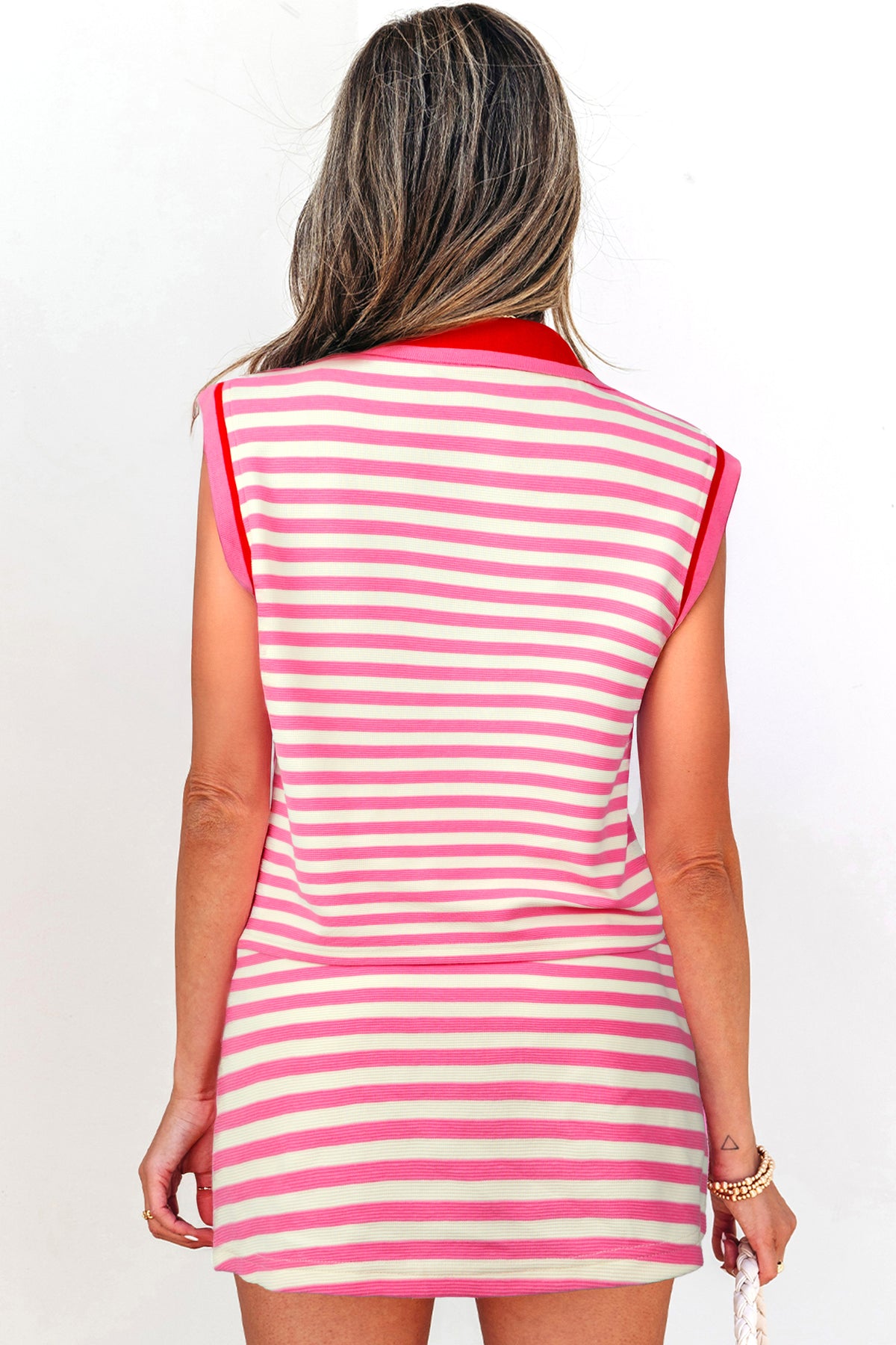 Women's Dark Blue Textured Stripe Print Contrast Trim Zip Collar Sleeveless Two-Piece Skort Two