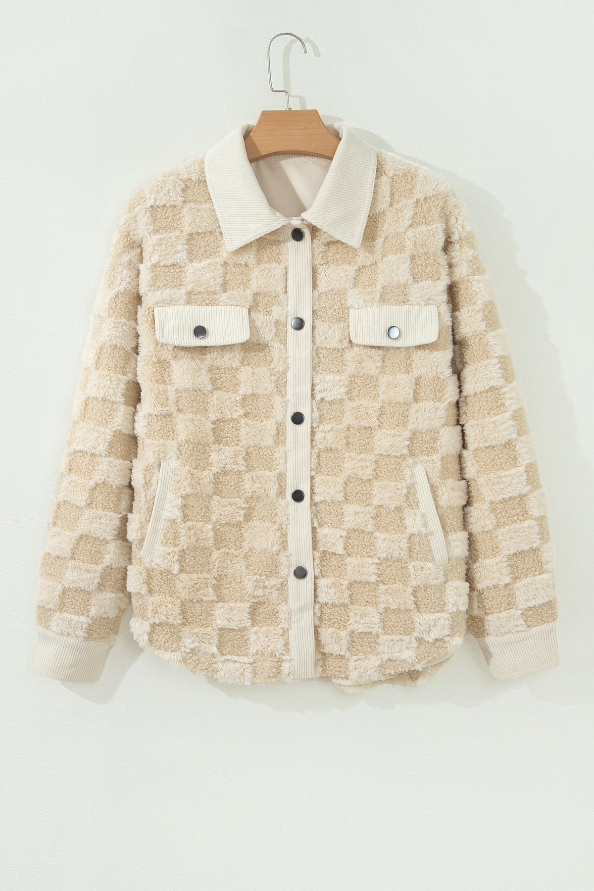 Khaki Plush Checkered Corduroy Trim Metal Button Long Sleeve Shacket