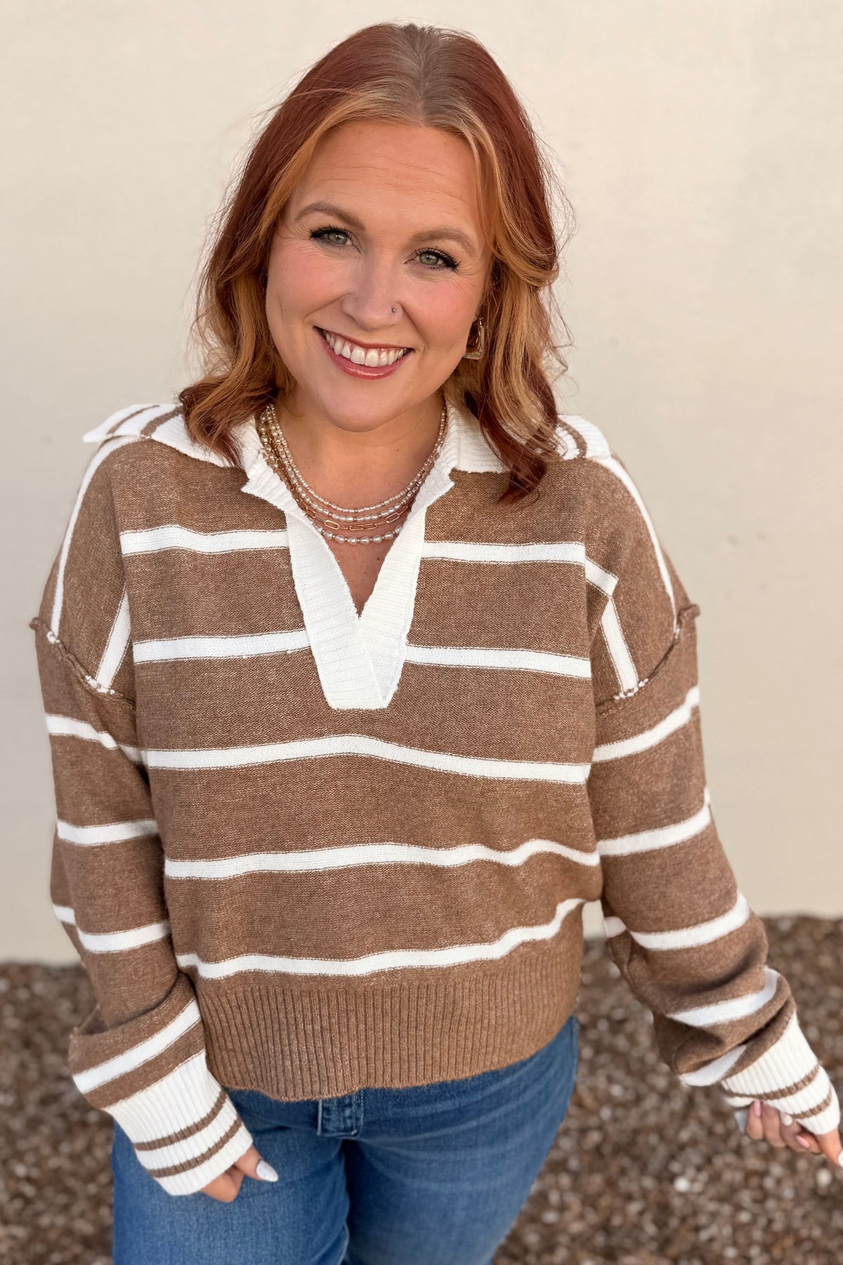 Brown Stripe Striped V Neck Long Sleeve Plus Size Sweater