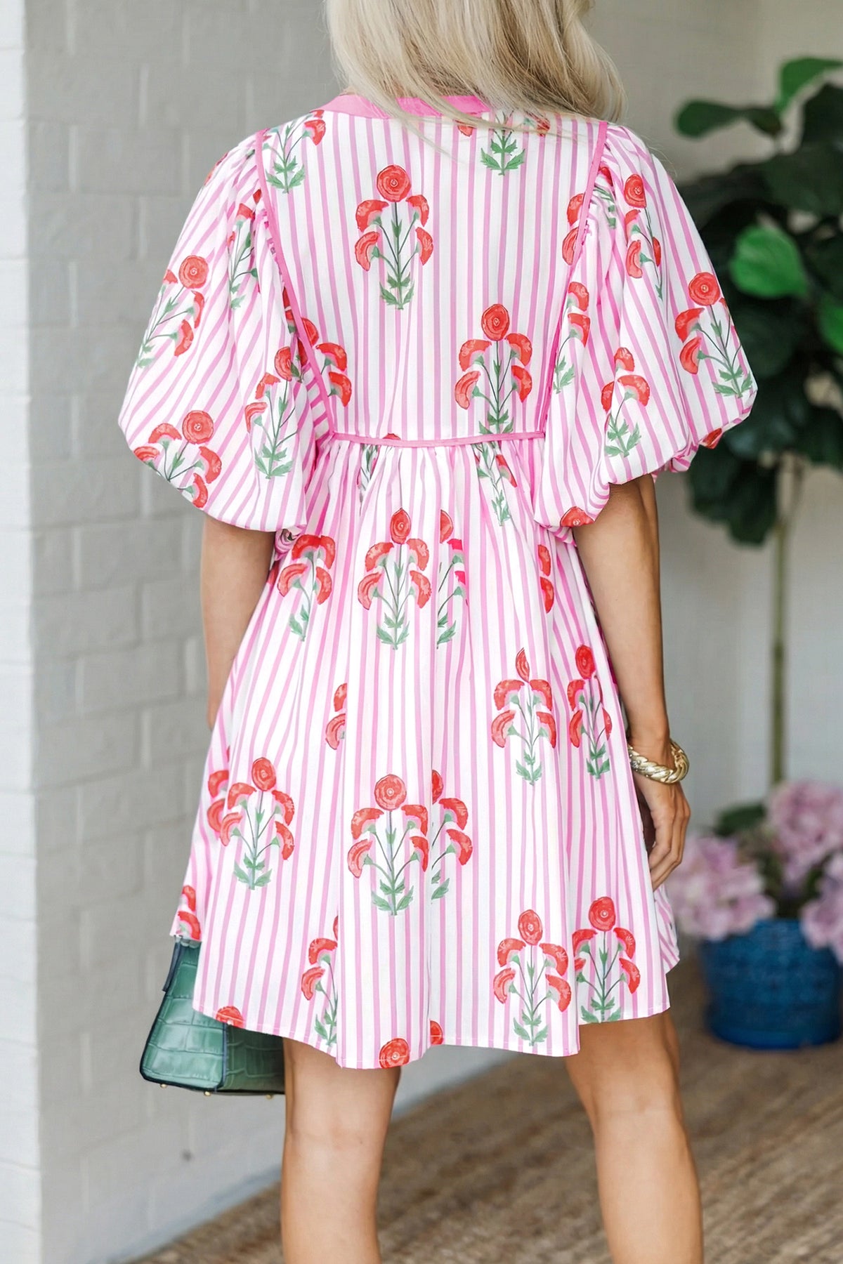 Pink Floral Striped Tie Notched Neck Puff Sleeve Flared Mini Dress