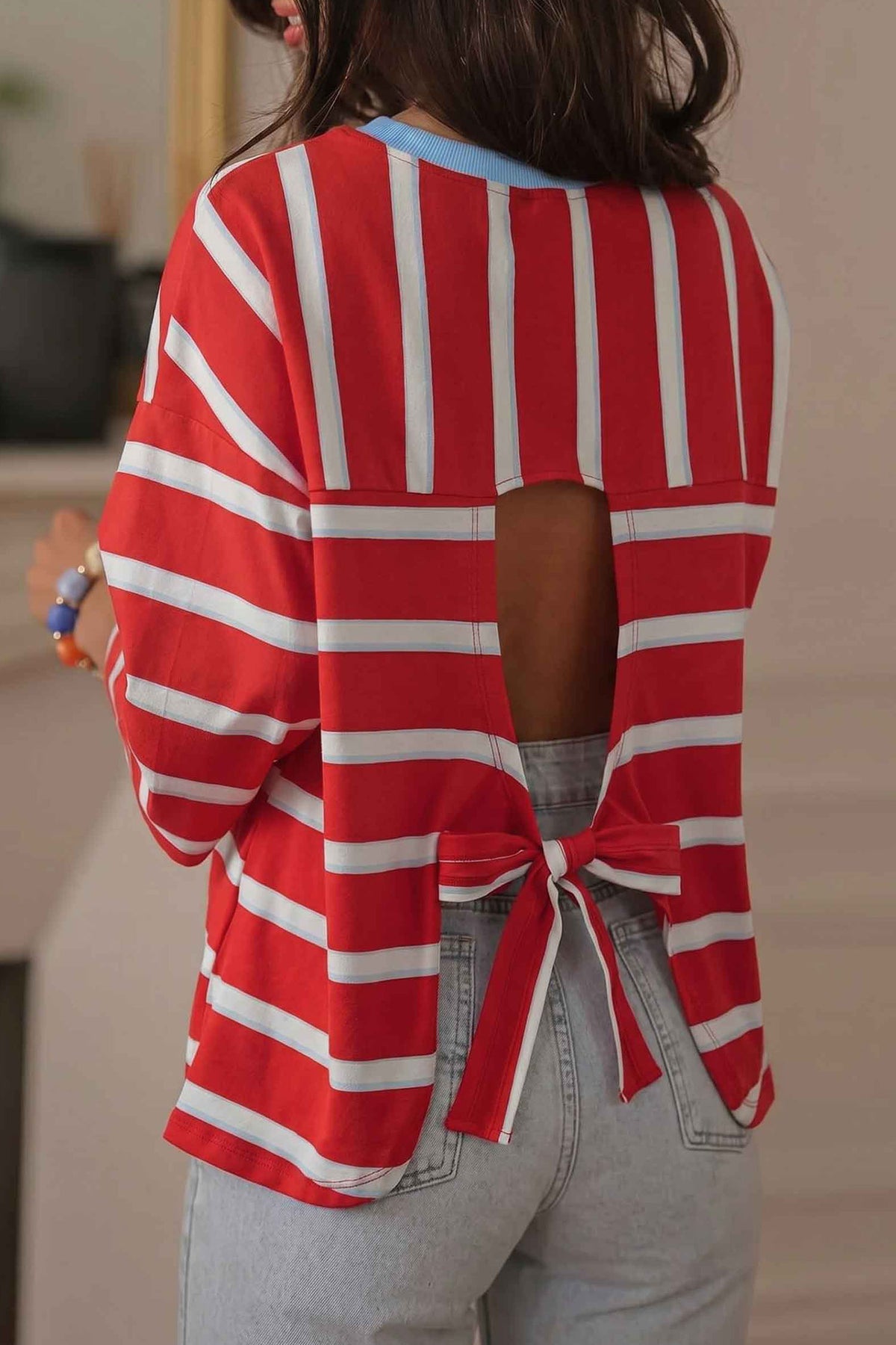 Racing Red Striped Bow Tie Hollowed Back 7/8 Sleeve T-Shirt