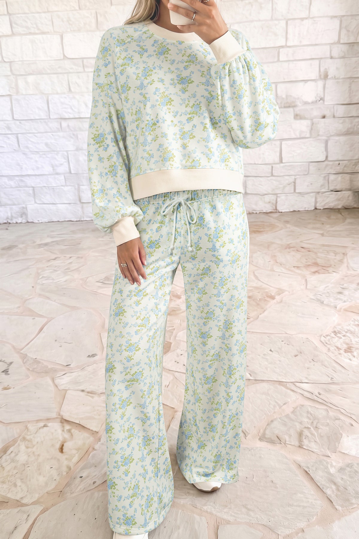 Women's Sky Blue Floral Print Long-Sleeve Top Drawstring Wide-Leg Pants Set