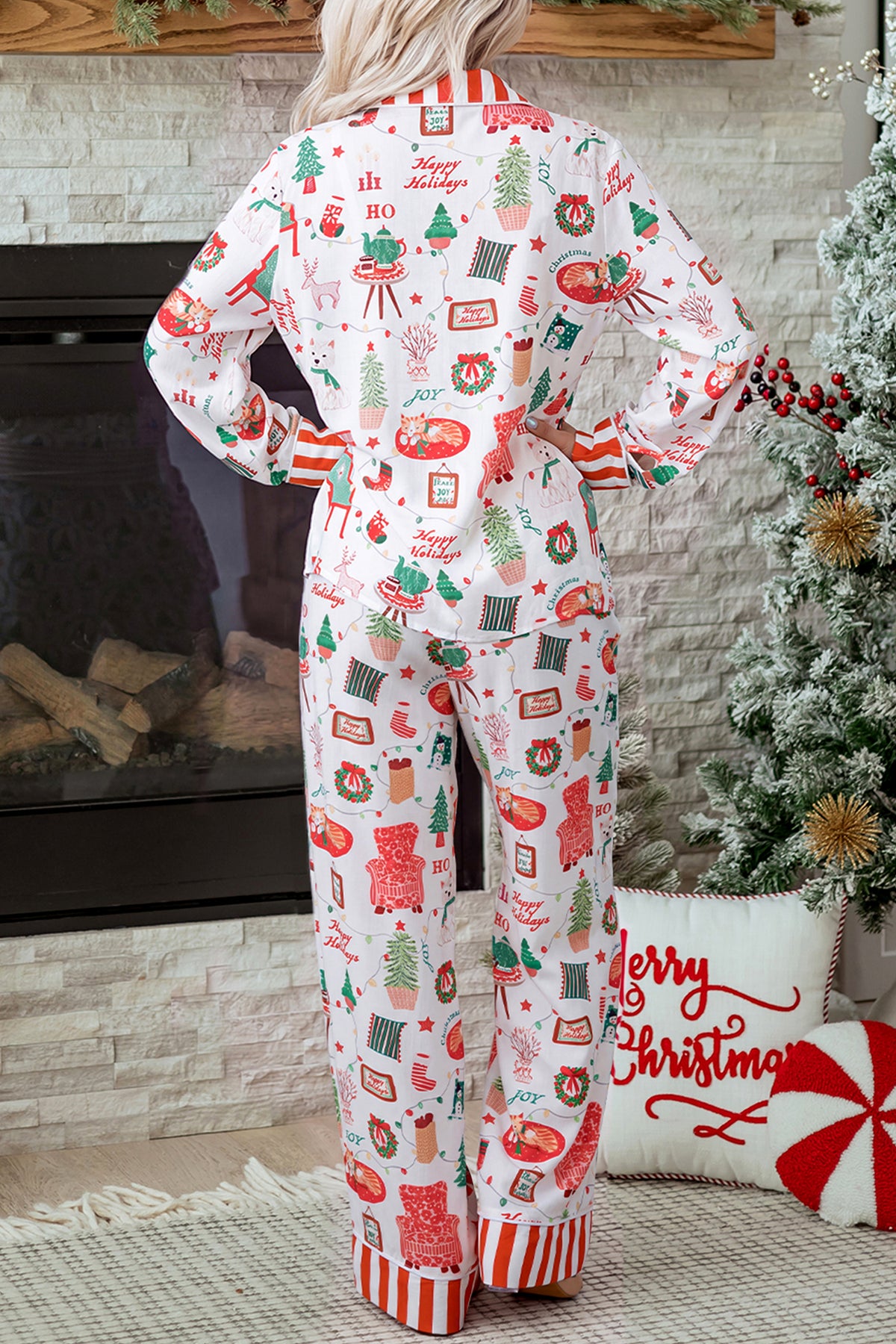 White Striped Holiday Long Sleeve Shift Home Wear Lounge Set