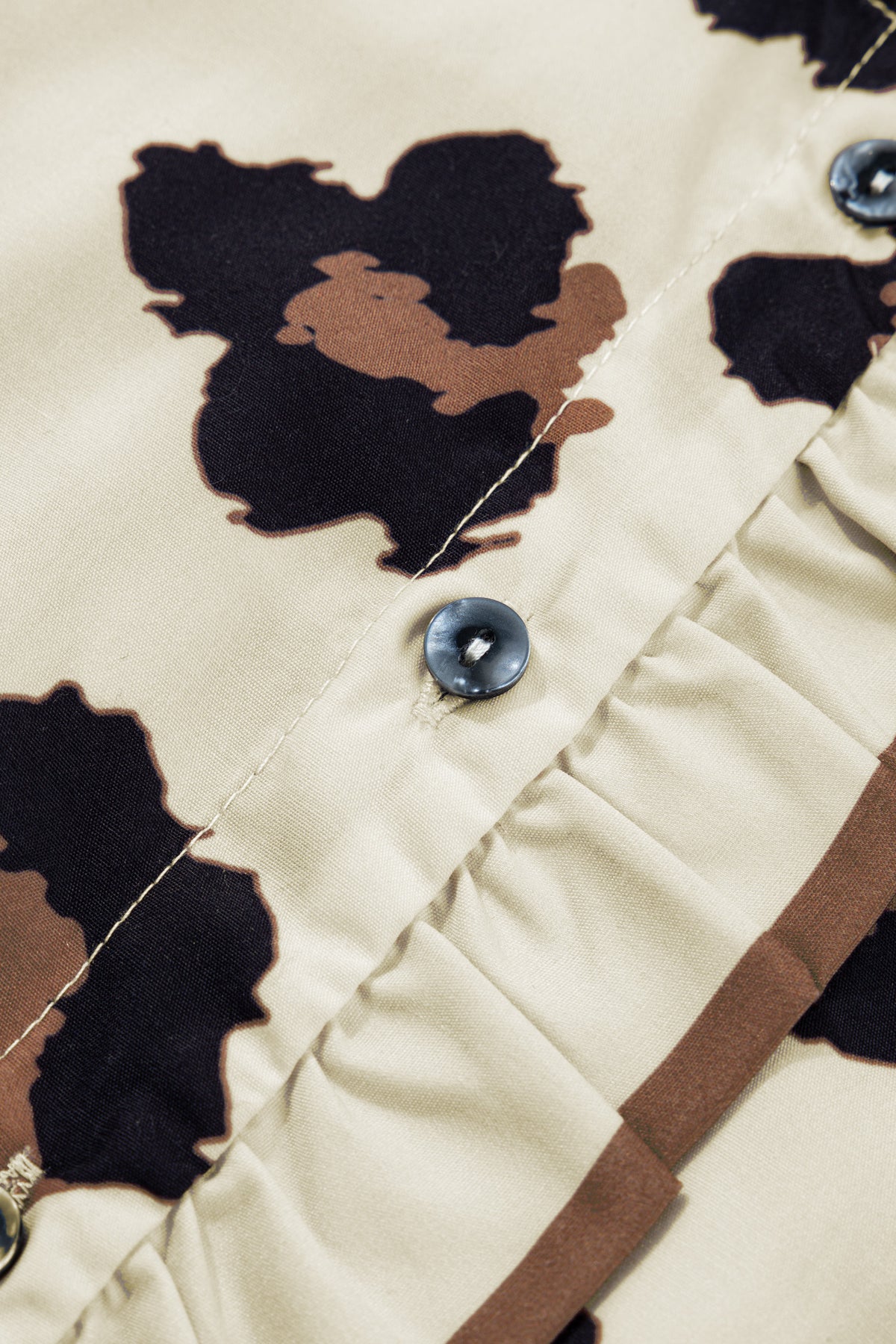 Khaki Plus Size Leopard Print Frilled Color-Block Trim Button Down Short-Sleeve Blouse