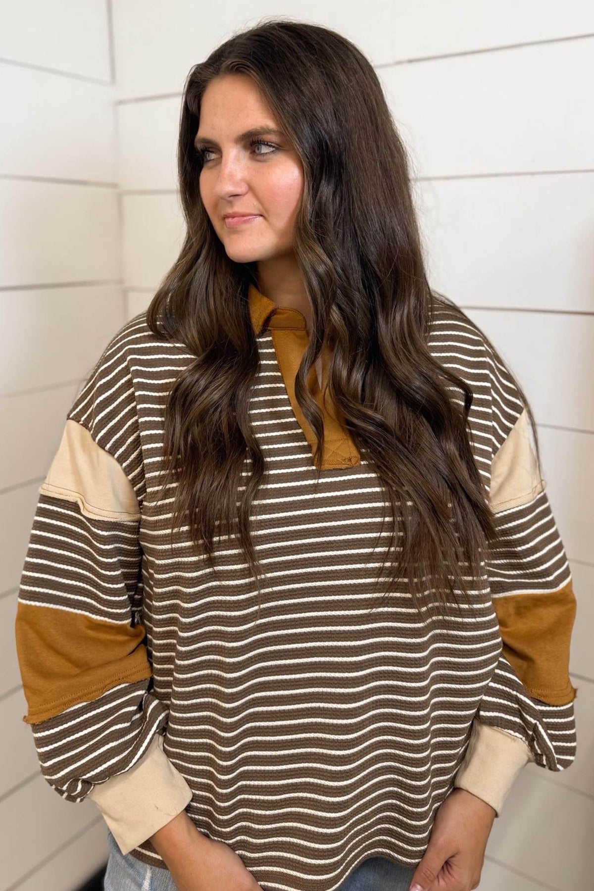 Brown Stripe Color-Block Detail Collar V-Neck Plus Size Long-Sleeve Top
